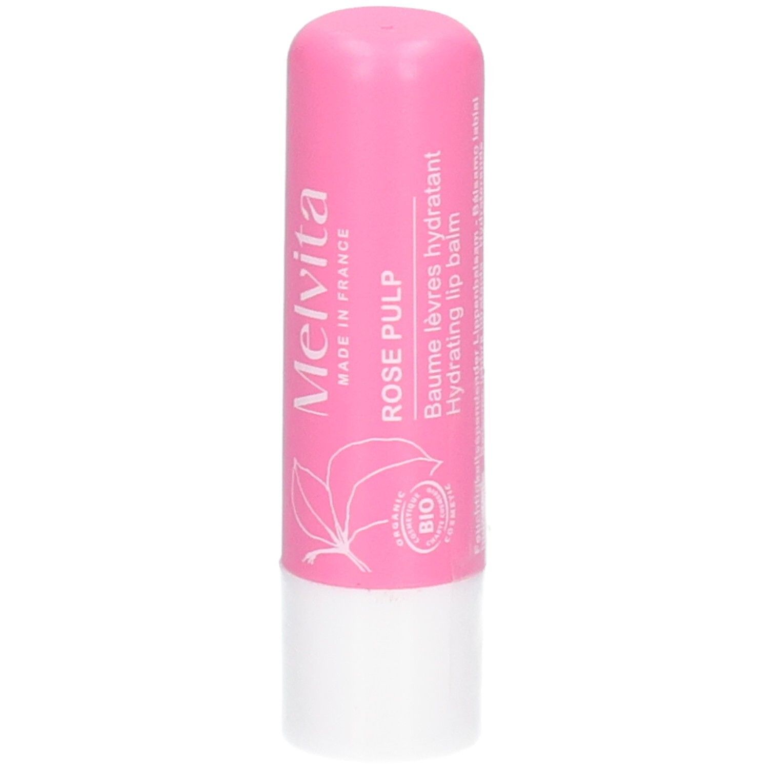 Hydraterende lippenbalsem Melvita Rose Pulp, roze. Gemaakt in Frankrijk.
