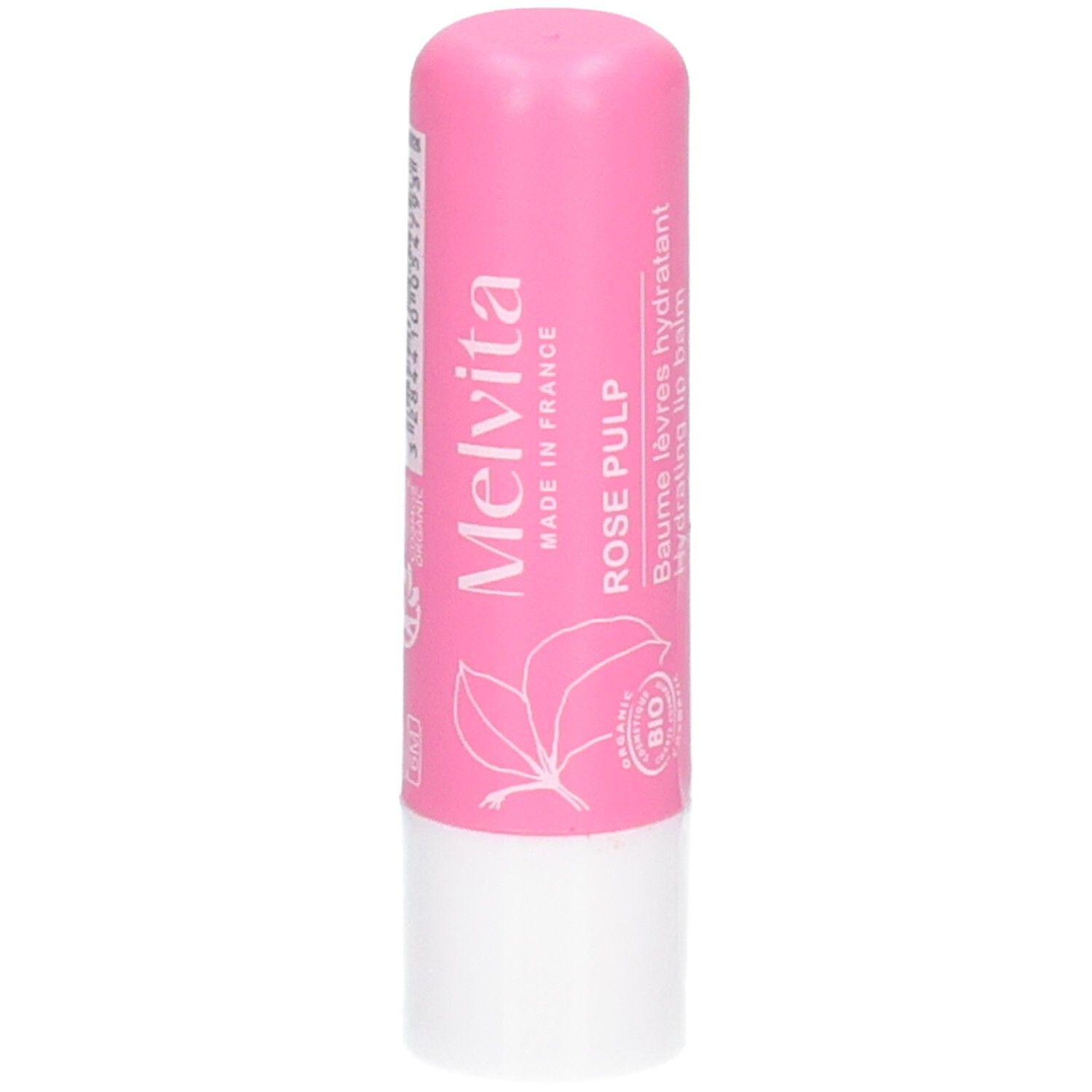 Hydraterende lippenbalsem Melvita Rose Pulp, roze. Bladmotief.