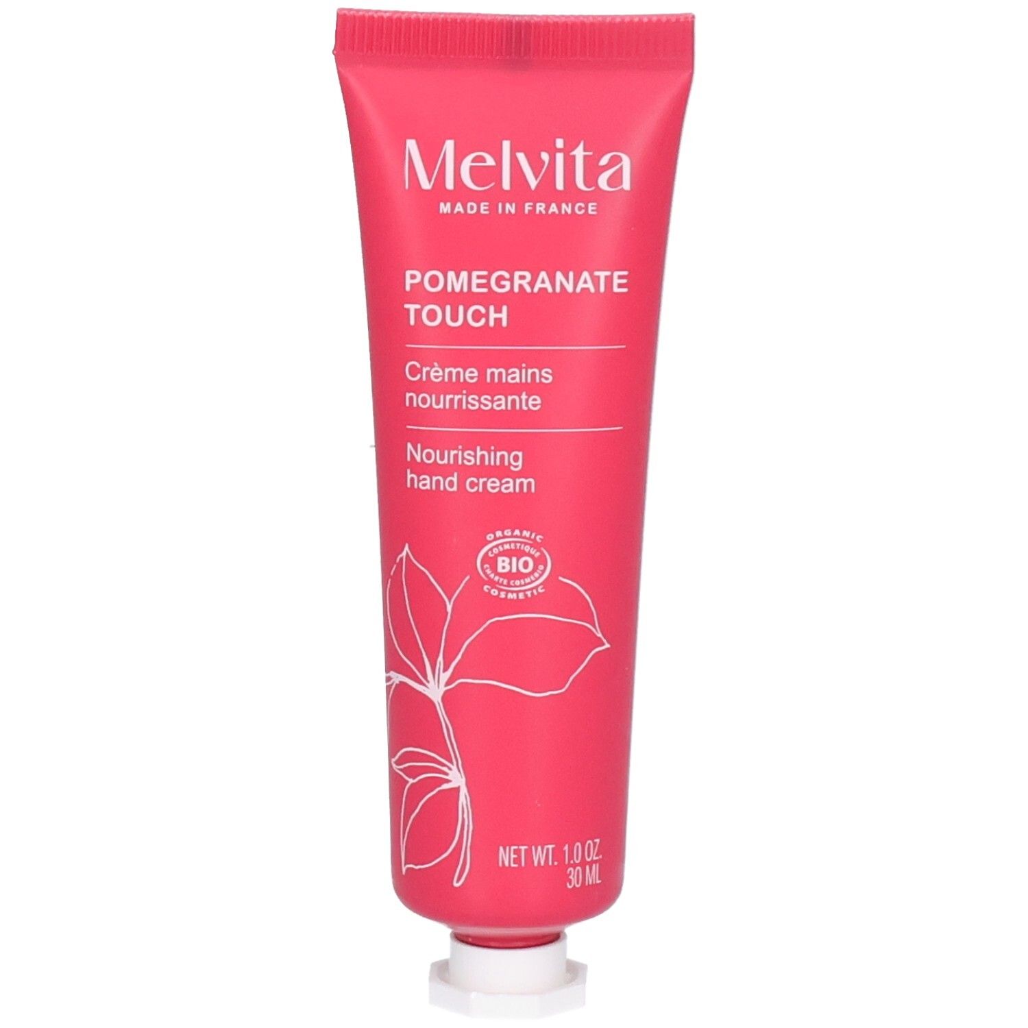 Melvita handcrème tube met granaatappel-illustratie. Bevat BIO-keurmerk.