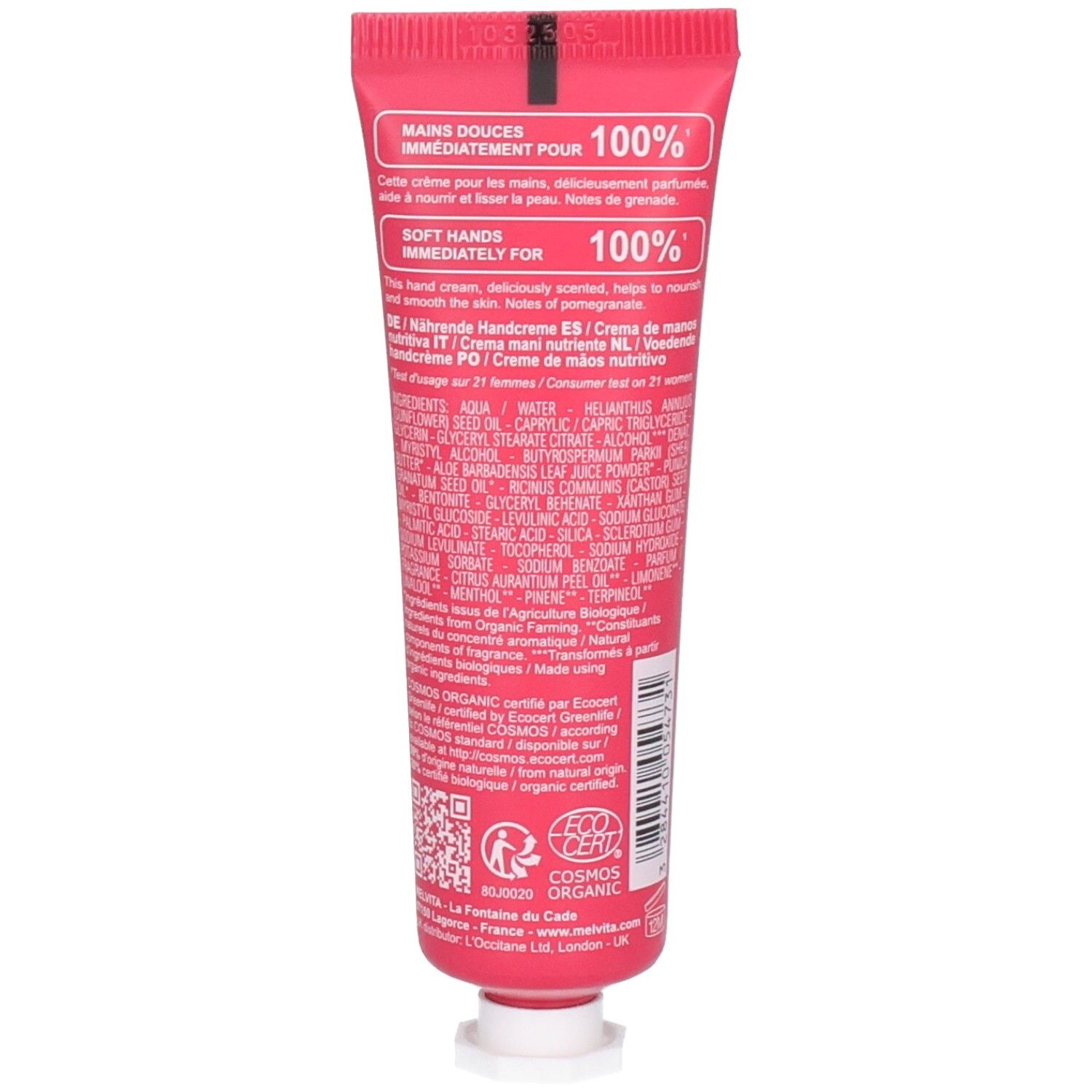 Achterkant van een Melvita handcrème tube met ingrediëntenlijst en BIO-certificering.