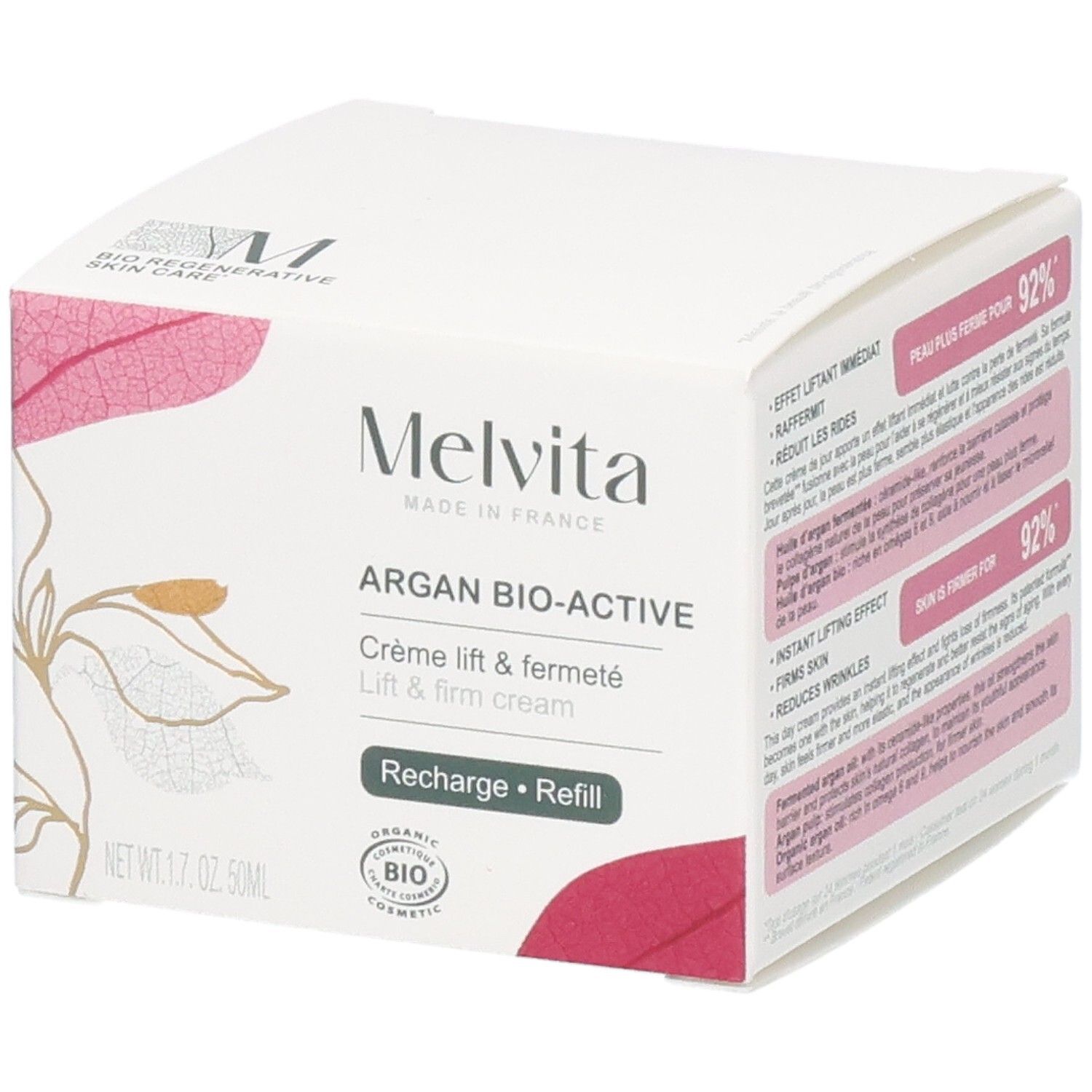 Witte doos met productinfo. Melvita-logo en "Argan Bio-Active". Bio-certificering. Details over het product.