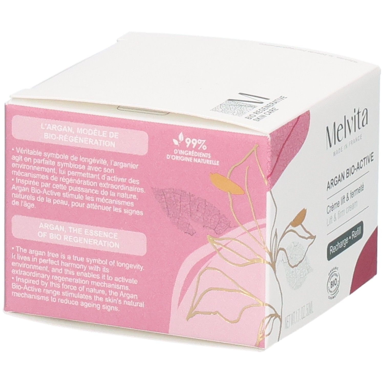 Doos met info. Melvita-logo en "Argan Bio-Active". Tekst over bio-regeneratie. 99% natuurlijke ingrediënten.