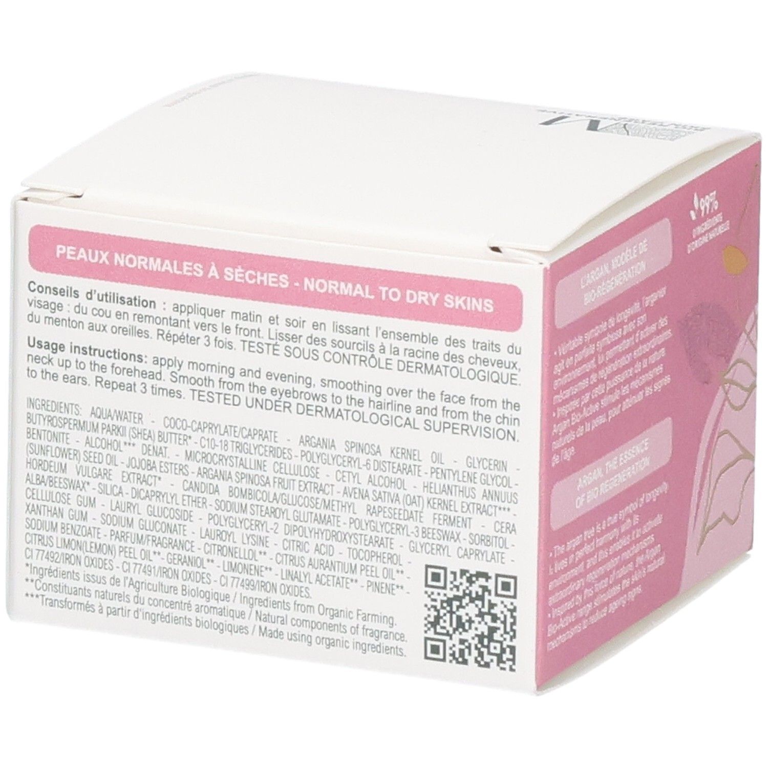 Achterkant verpakking. Tekst voor normale tot droge huid. Ingrediënten en instructies. QR-code.