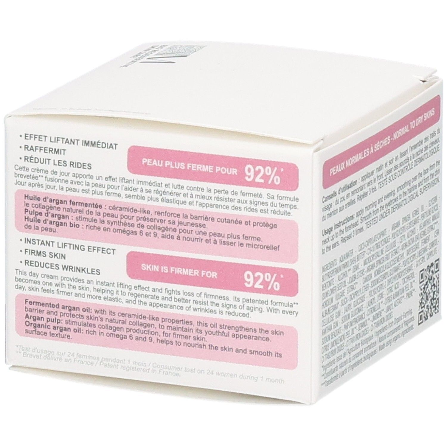 Verpakking met info. Tekst over direct liftend effect en versteviging. 92% stevigere huid.