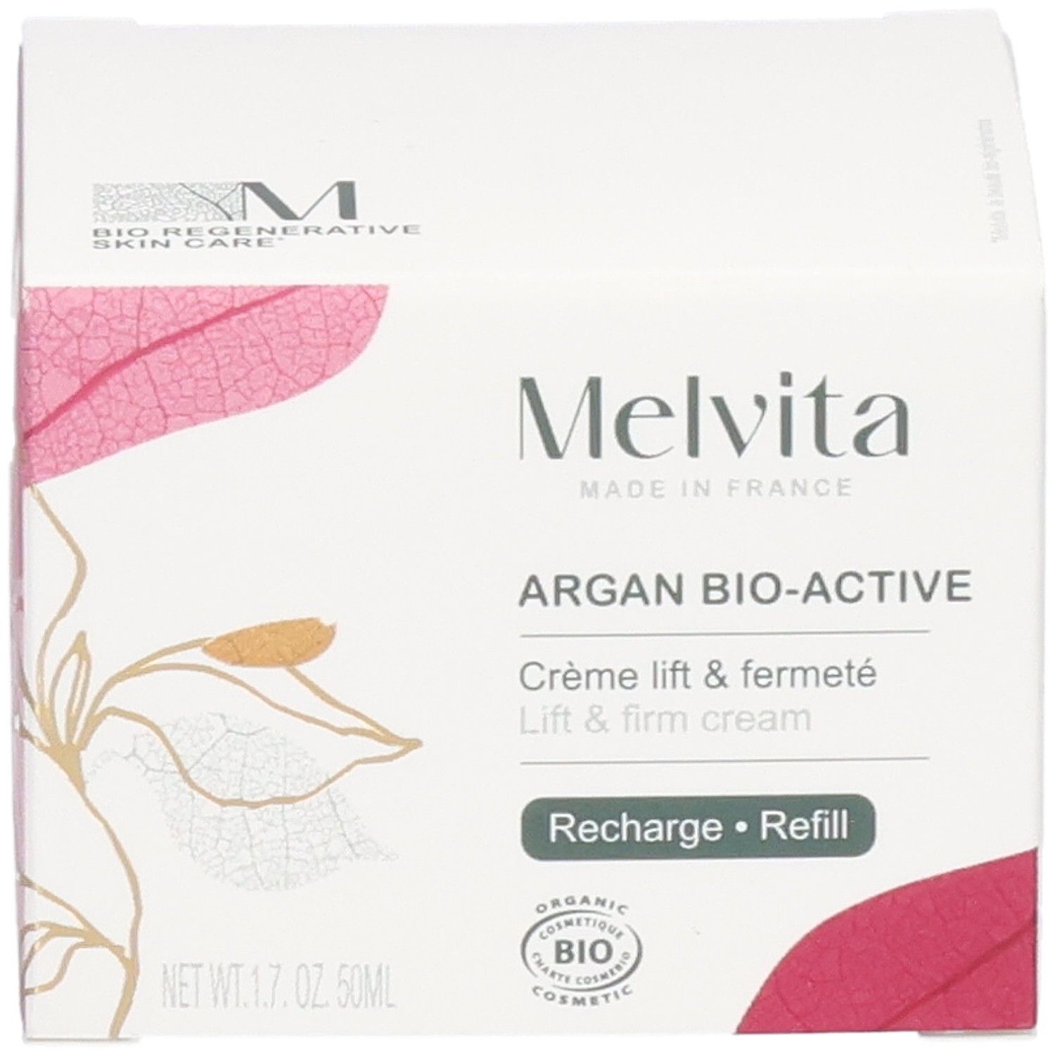 Witte doos met productinfo. Melvita-logo en "Argan Bio-Active". Bio-certificering. 50ml.