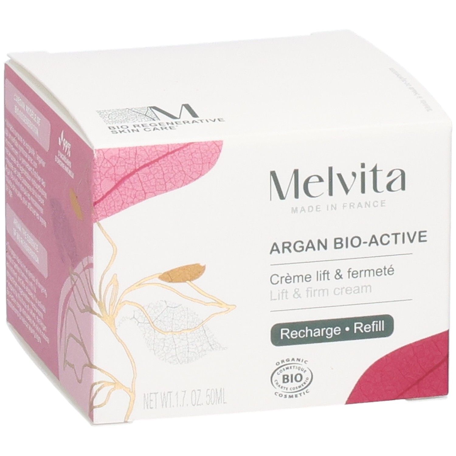 Witte doos met productinfo. Melvita-logo en "Argan Bio-Active". Bio-certificering. 50ml.