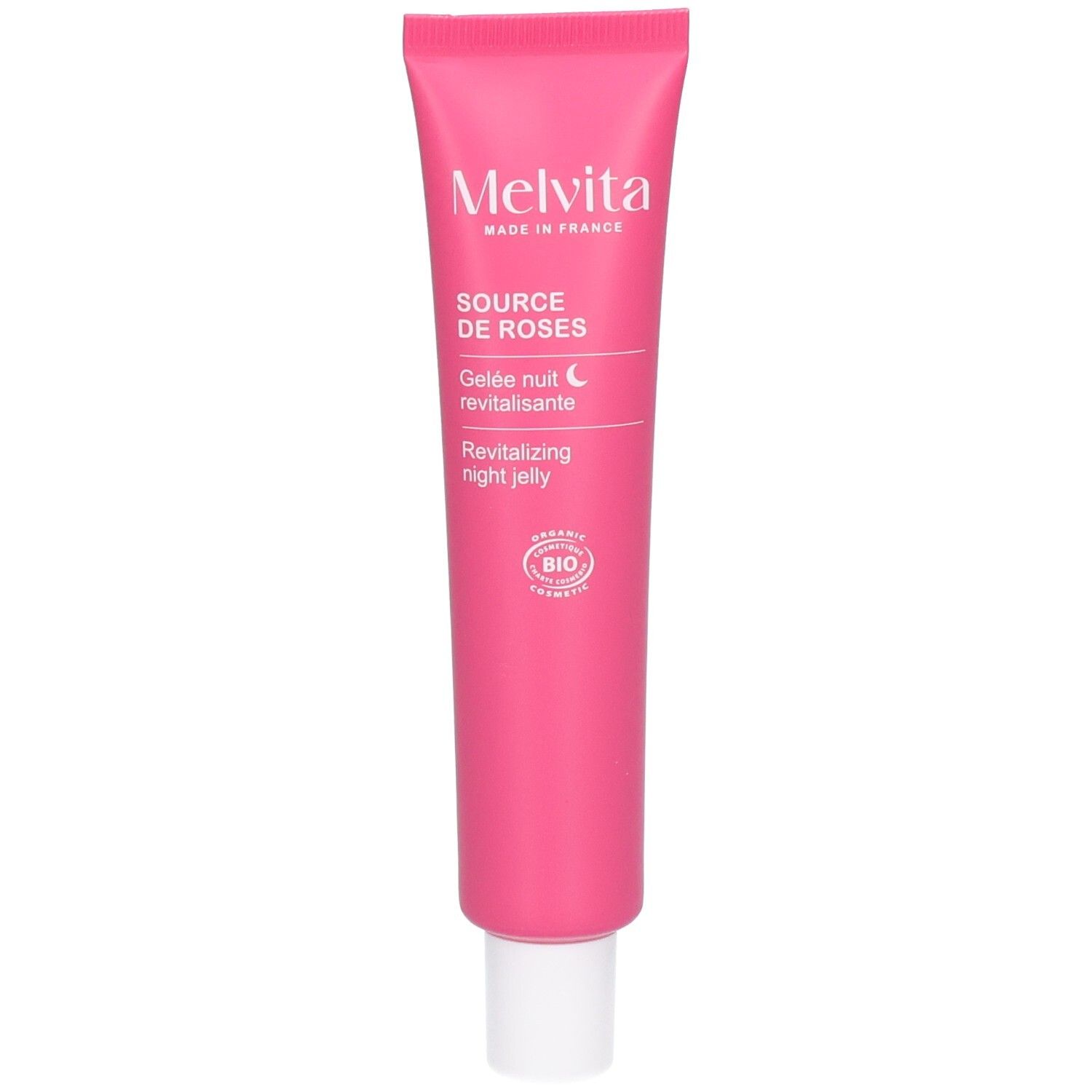 Roze tube met witte dop. Tekst: Melvita, Source de Roses, Gelée nuit revitalisante, Revitalizing night jelly.