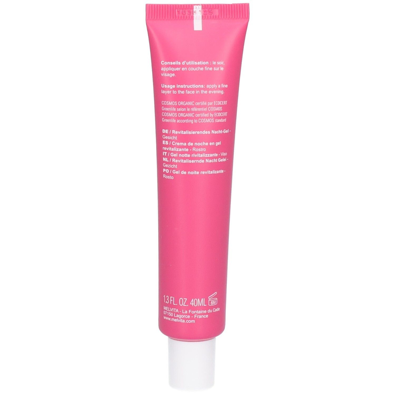 Achterkant van de roze tube. Tekst: Gebruiksaanwijzing, COSMOS ORGANIC, ingrediënten, 1.3 FL.OZ. 40mL.