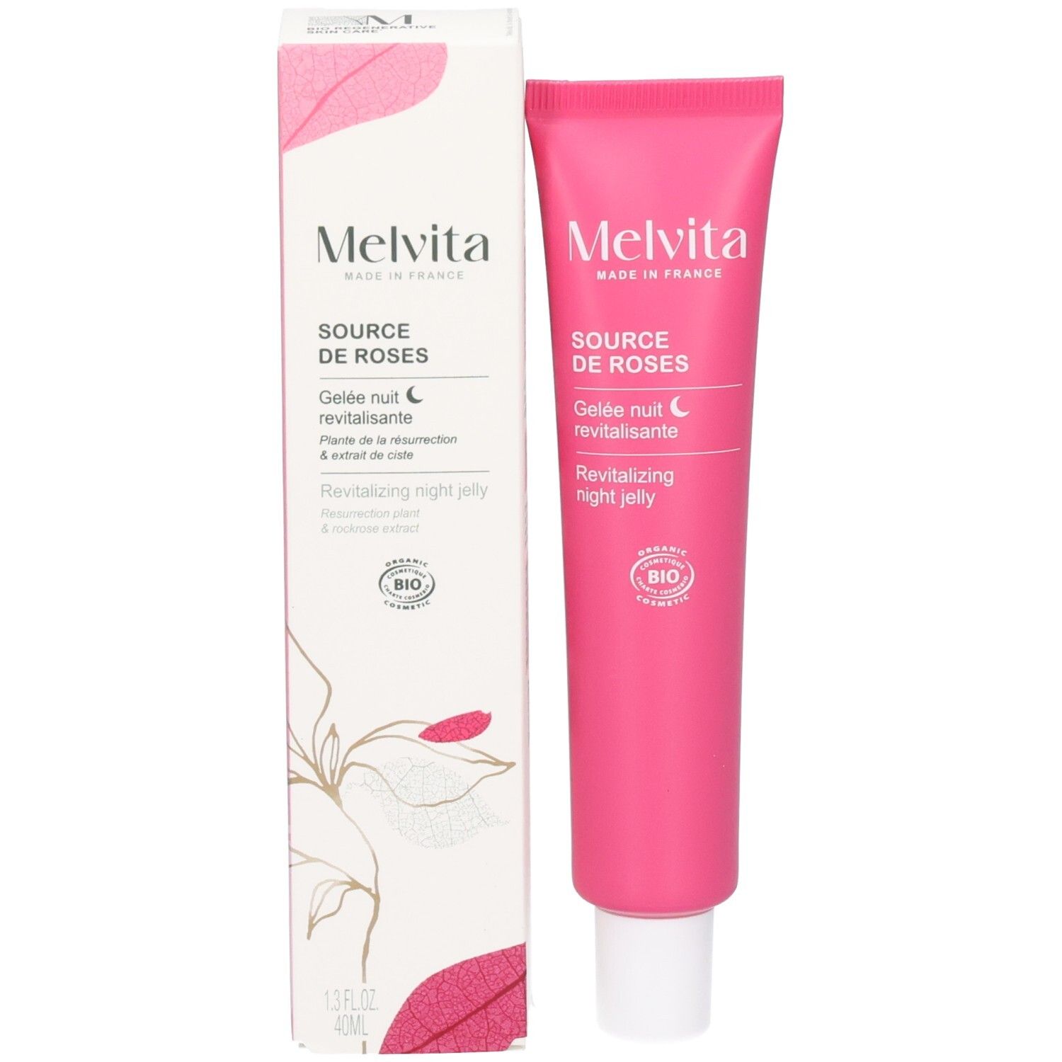 Productverpakking met tube. Tekst: Melvita, Source de Roses, Gelée nuit revitalisante, Revitalizing night jelly, BIO.