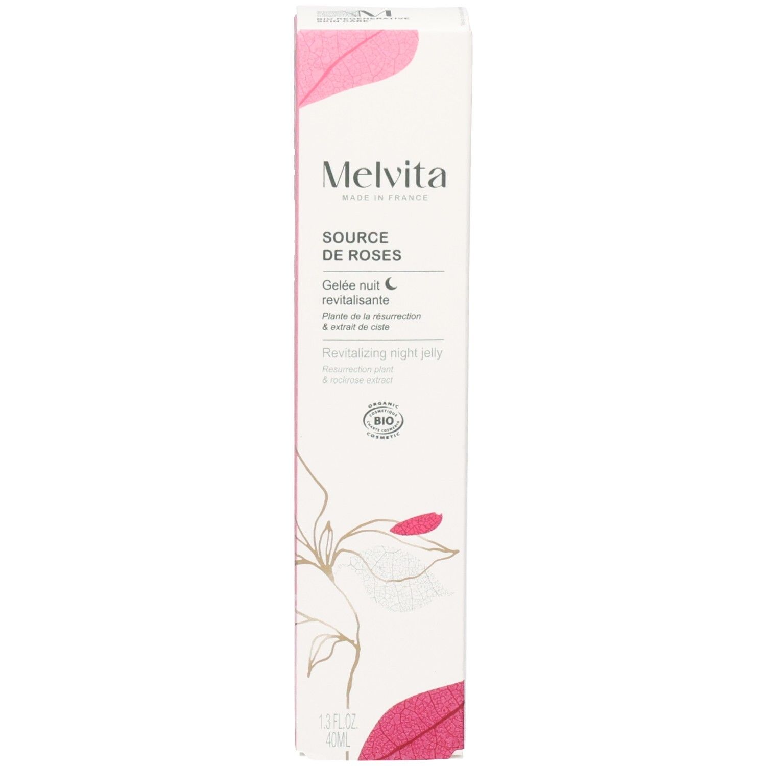 Productverpakking. Tekst: Melvita, Source de Roses, Gelée nuit revitalisante, Revitalizing night jelly, BIO.