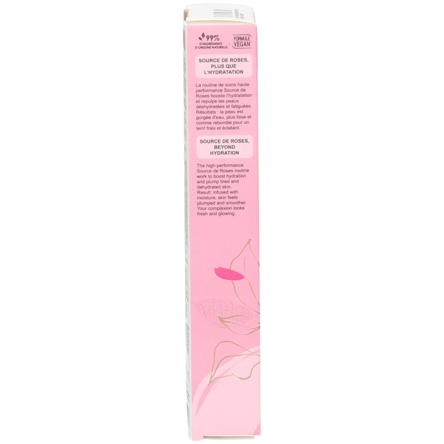 Productverpakking. Tekst: Source de Roses, Hydratation, 99% natuurlijke ingrediënten, vegan.