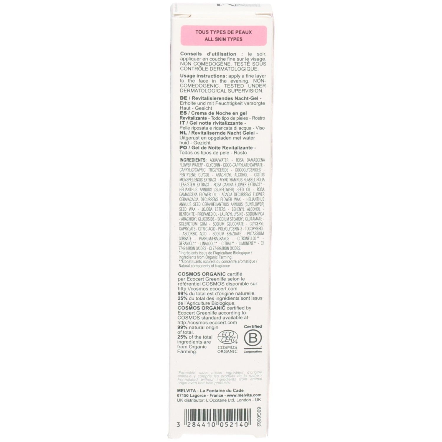 Productverpakking. Tekst: Tous types de peaux, COSMOS ORGANIC, ingrediënten, BIO-certificering.