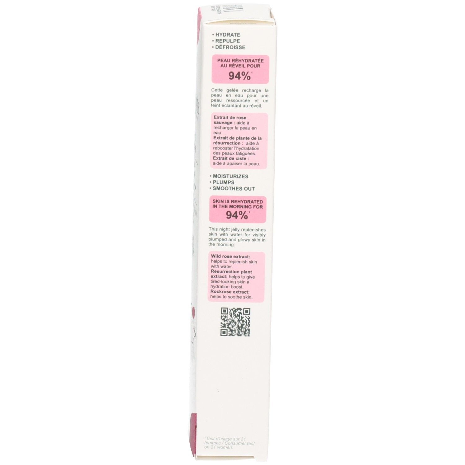 Productverpakking. Tekst: Hydratation, Repulpe, Defroisse, 94% gehydrateerde huid, Rozenextract.