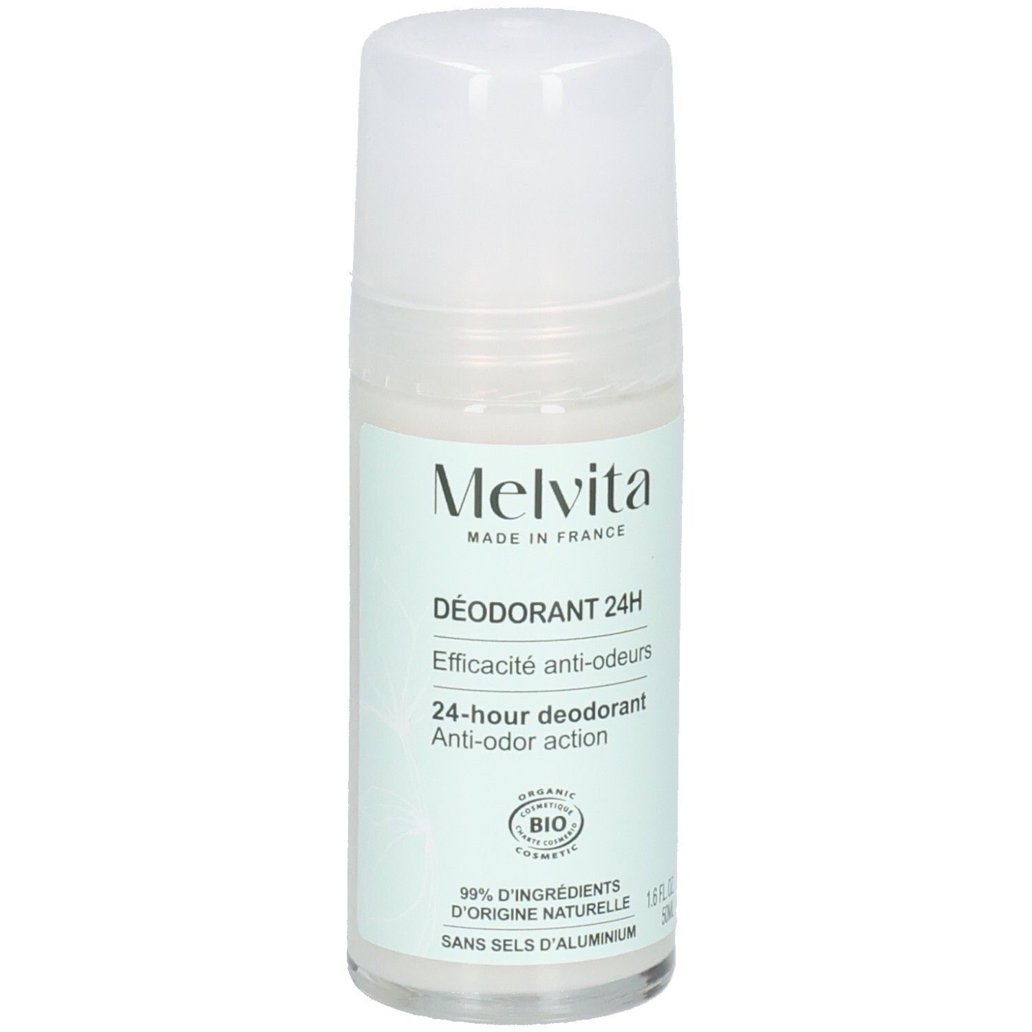 Melvita Déodorant Roll-on 24h certifié BIO. 99% d'ingrédients d'origine naturelle, sans sels d'aluminium.