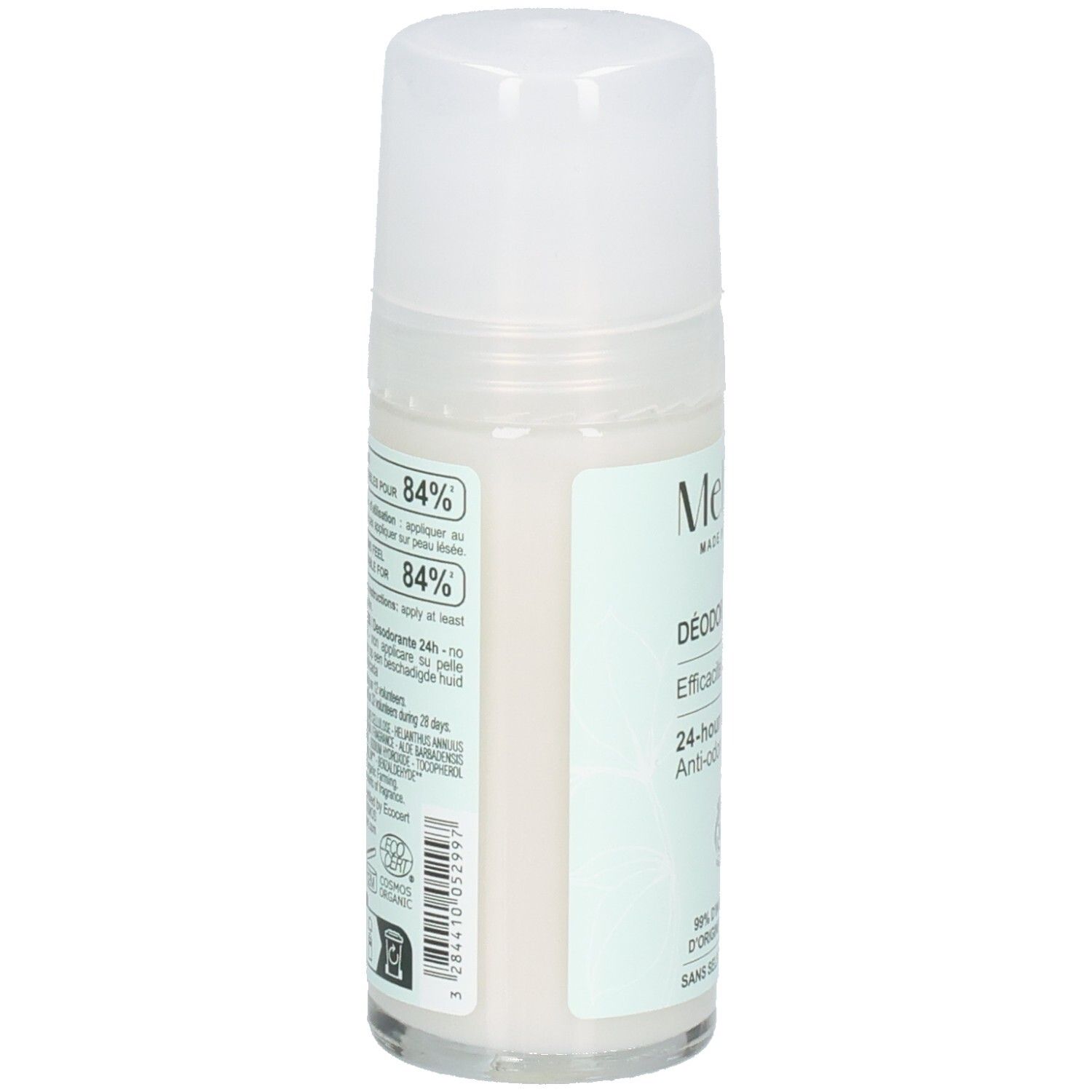 Arrière du Melvita Déodorant Roll-on 24h. Contient 84% d'ingrédients issus de l'agriculture biologique.