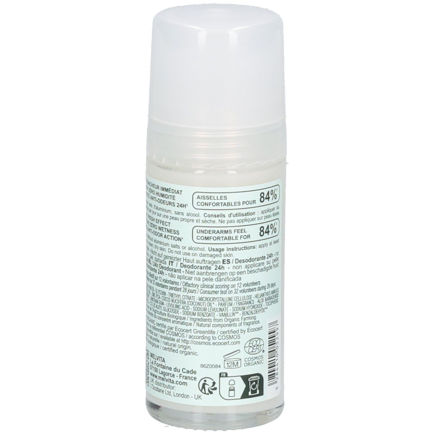 Vue latérale du Melvita Déodorant Roll-on 24h. Informations sur les ingrédients et l'utilisation.