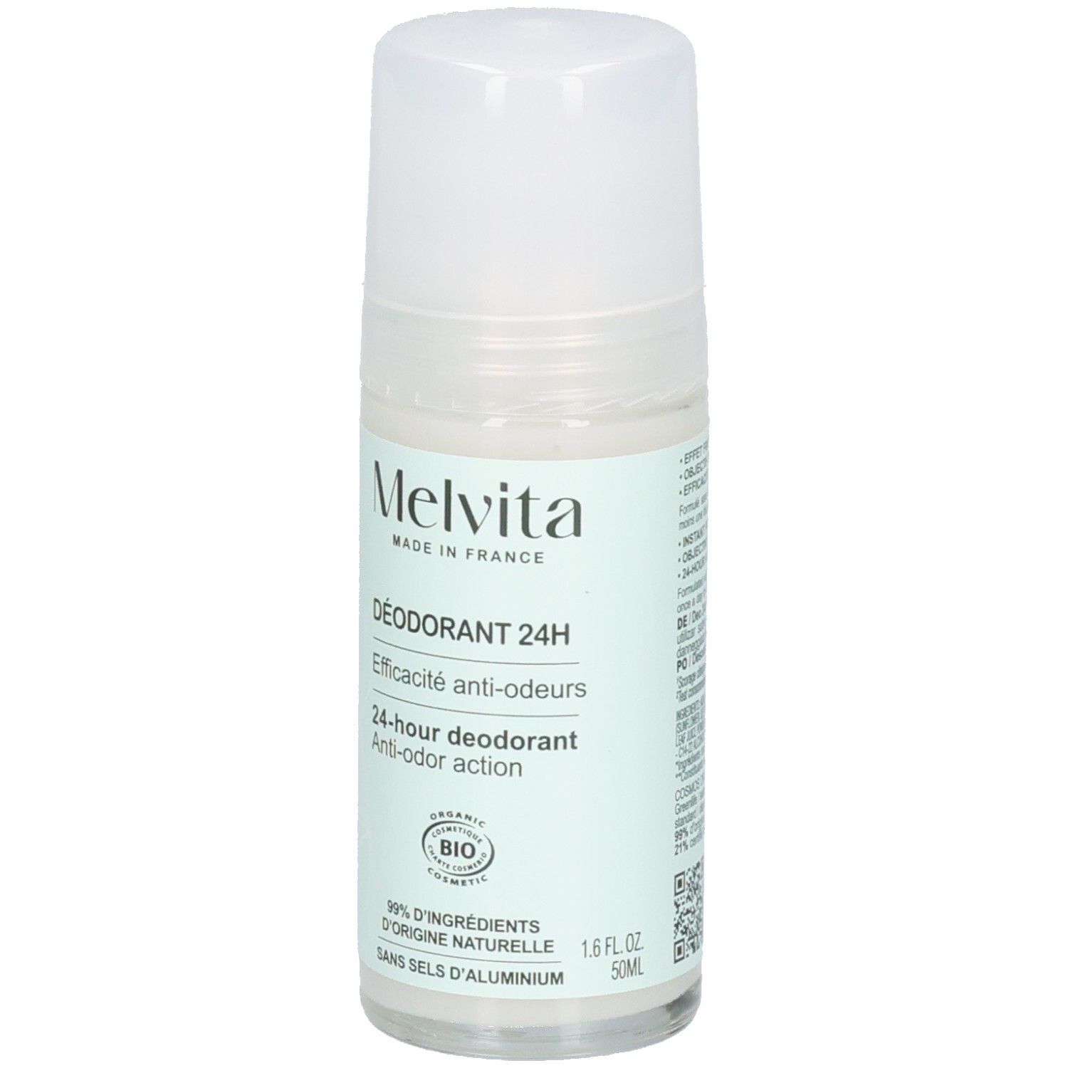 Melvita Déodorant Roll-on 24h. Fabriqué en France. Flacon de 50ml avec label BIO.