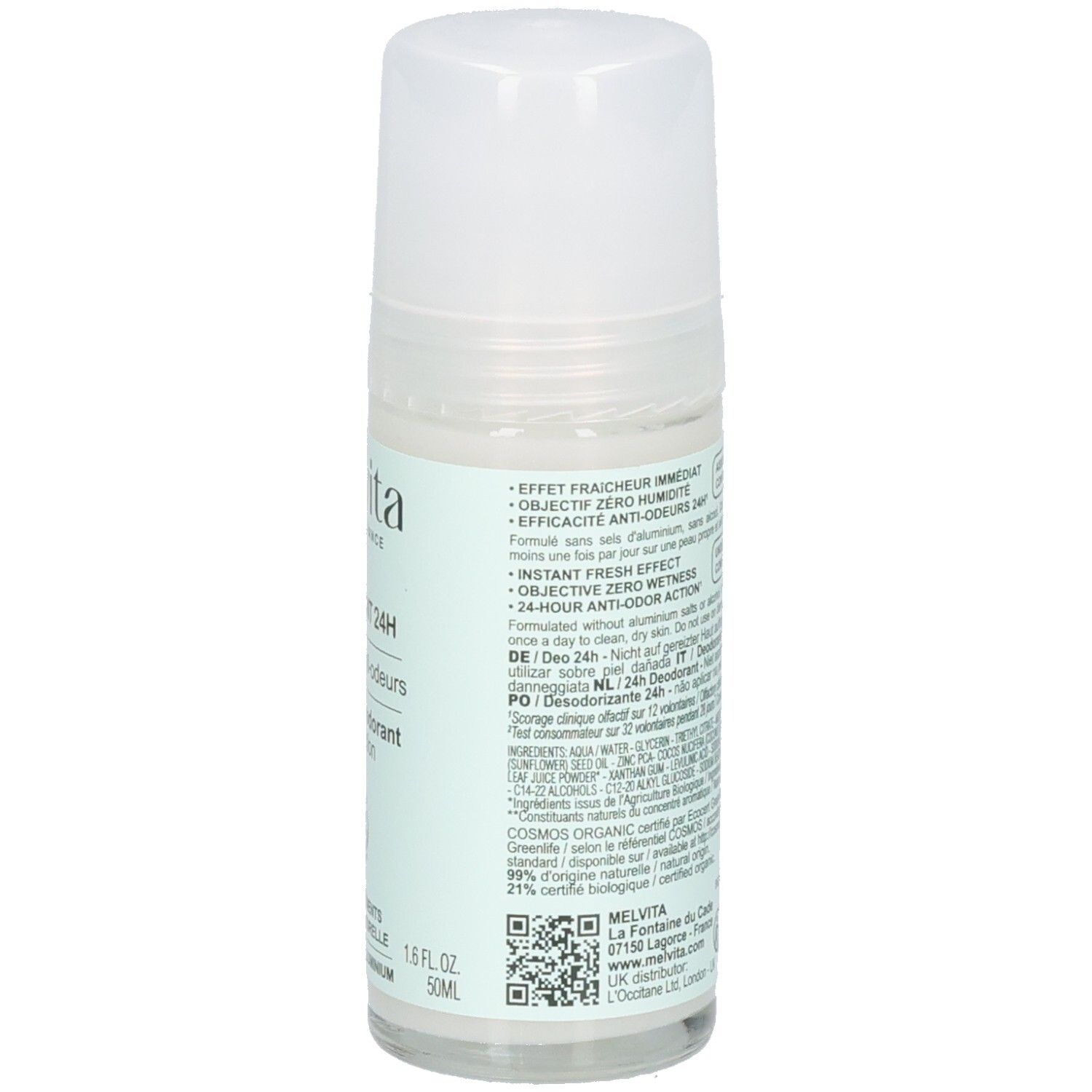 Arrière du Melvita Déodorant Roll-on 24h. Informations sur l'efficacité et les ingrédients.