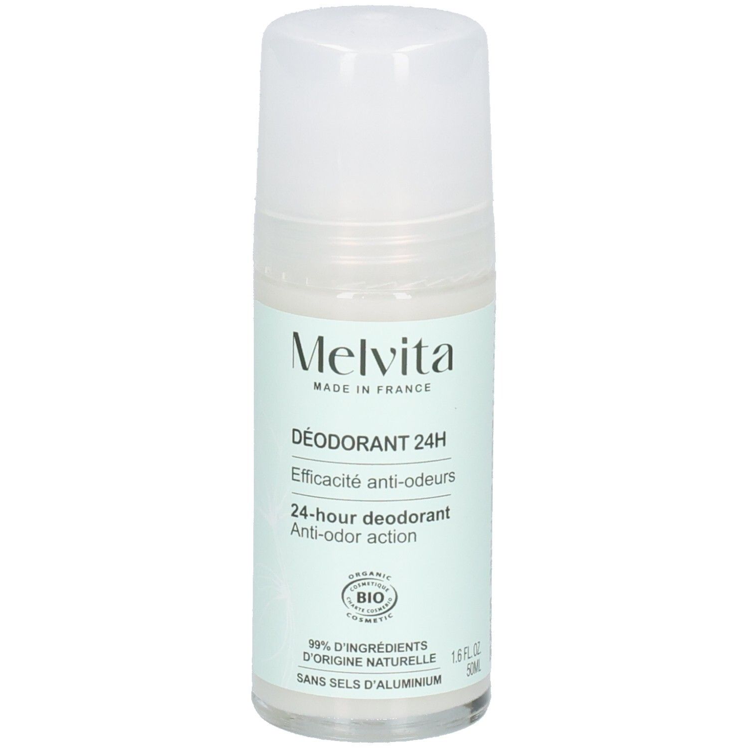 Melvita Déodorant Roll-on 24h. Fabriqué en France. Flacon de 50ml avec label BIO.