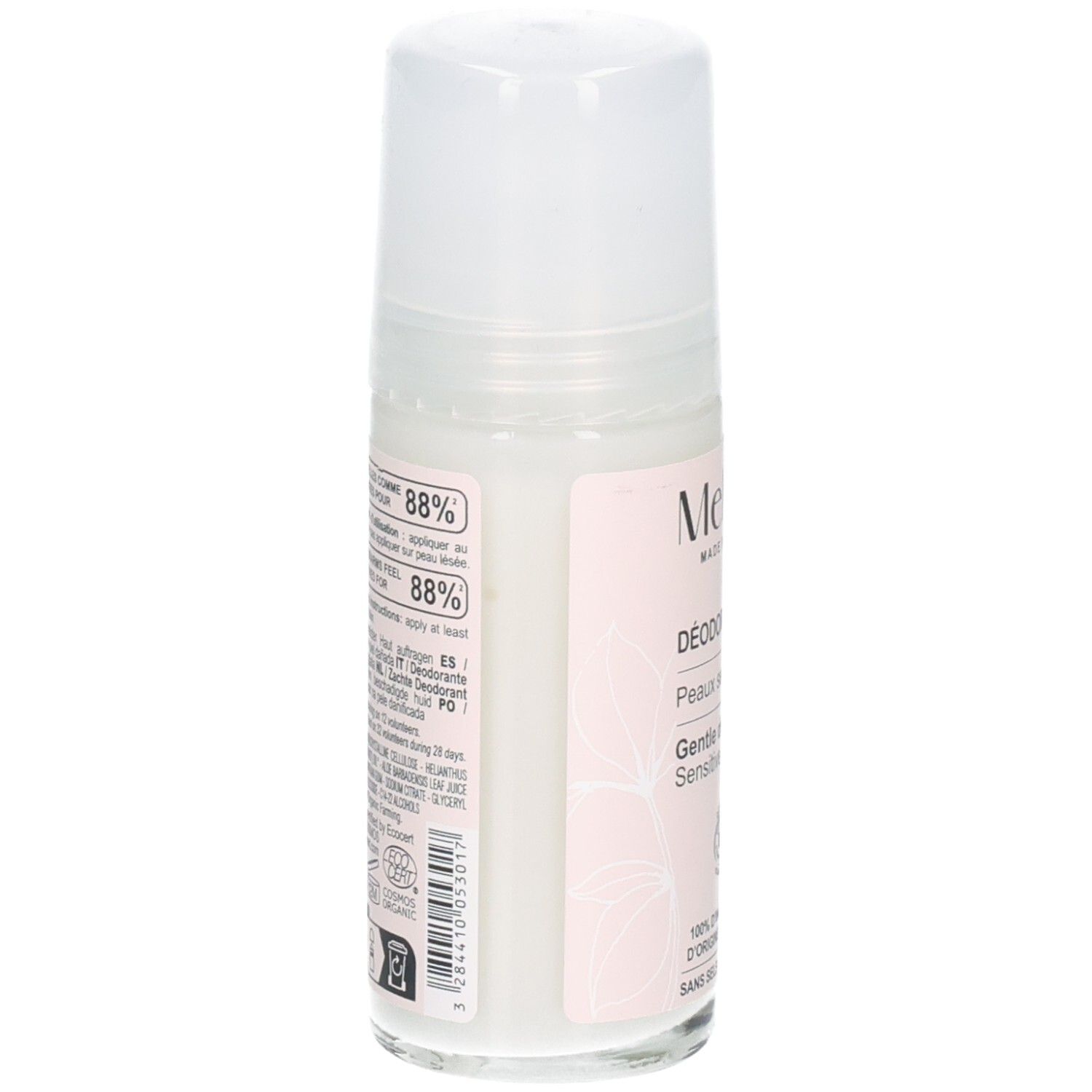 Achterkant Melvita Roll-on Deodorant Gevoelige Huid, met ingrediëntenlijst en BIO-keurmerk.