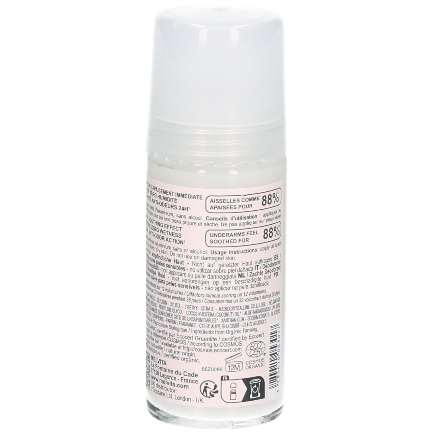Zijkant Melvita Roll-on Deodorant Gevoelige Huid, met gebruiksinstructies en BIO-keurmerk.