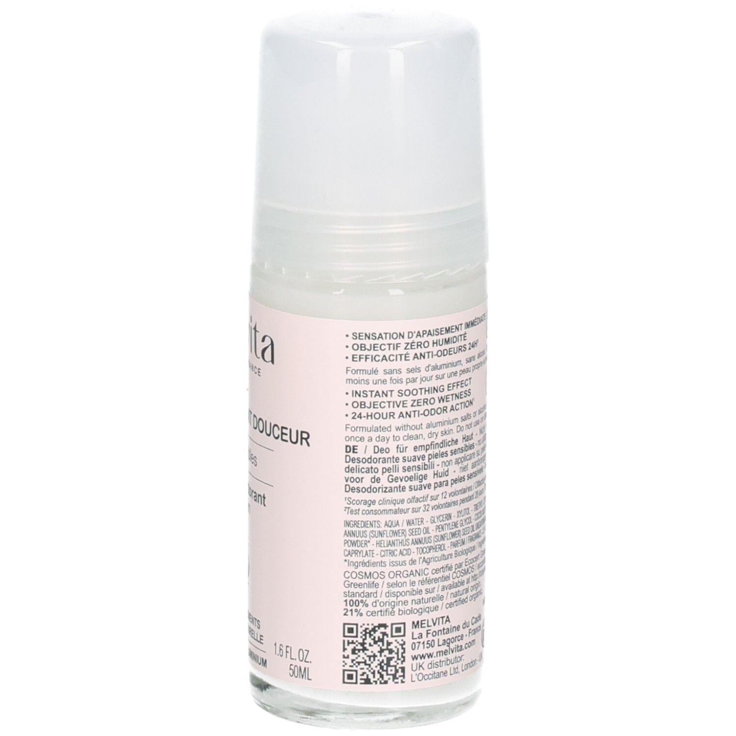 Voorkant Melvita Roll-on Deodorant Gevoelige Huid 50 ml, BIO-gecertificeerd.