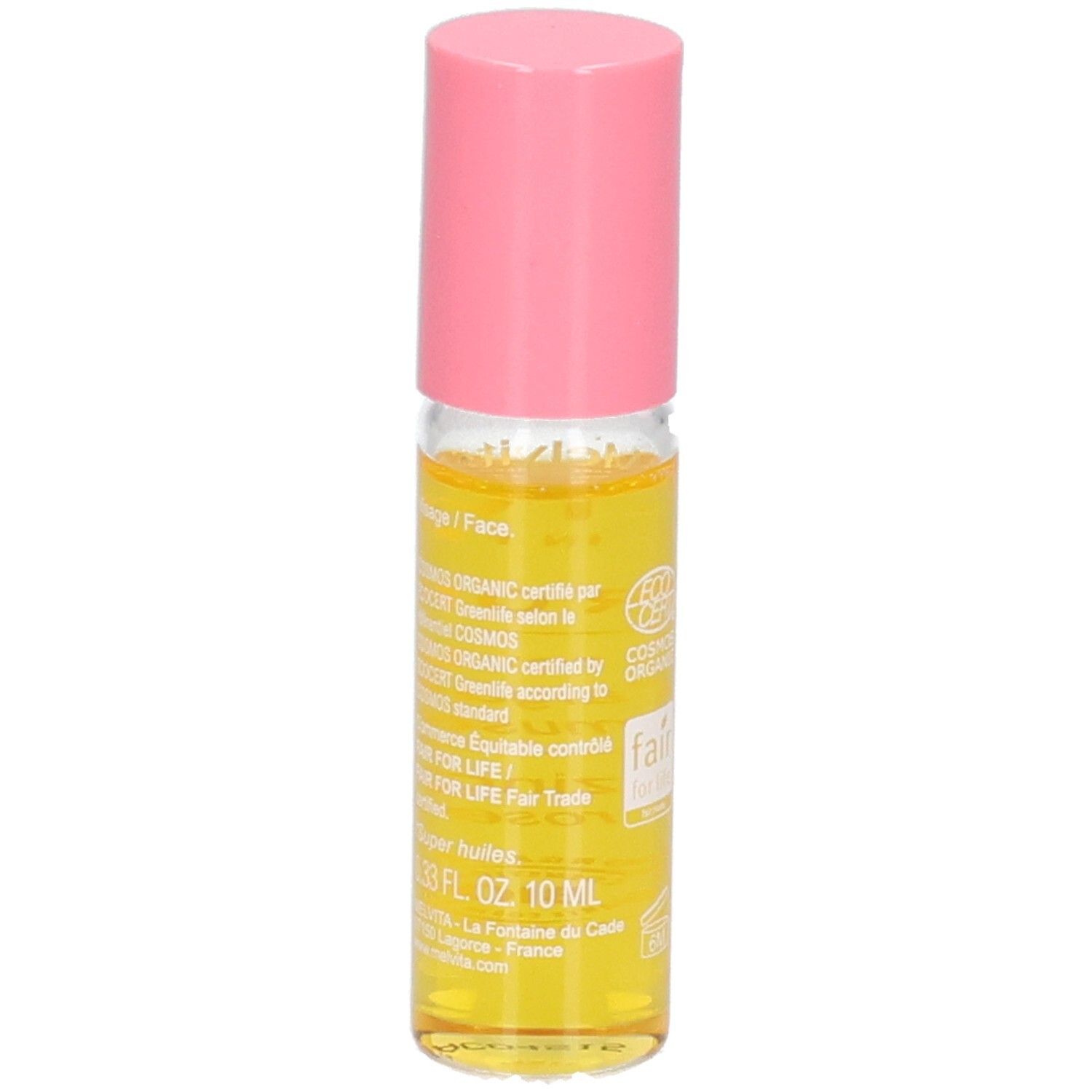 Arrière du roll-on Melvita. Huile jaune dans un flacon en verre avec bouchon rose. Label COSMOS ORGANIC.