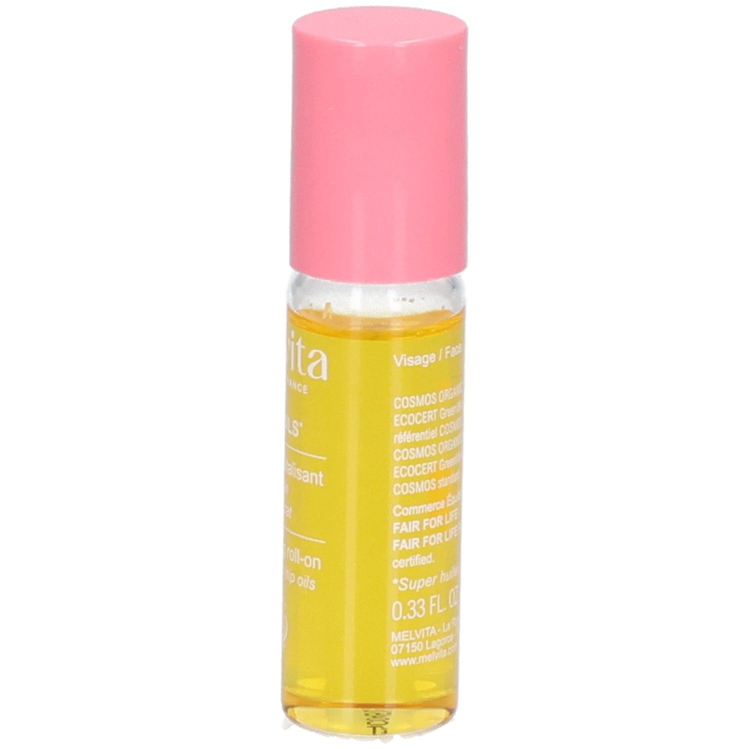 Roll-on Melvita avec bouchon rose. Huile jaune en flacon de verre. Étiquette avec 'Visage' et COSMOS ORGANIC.
