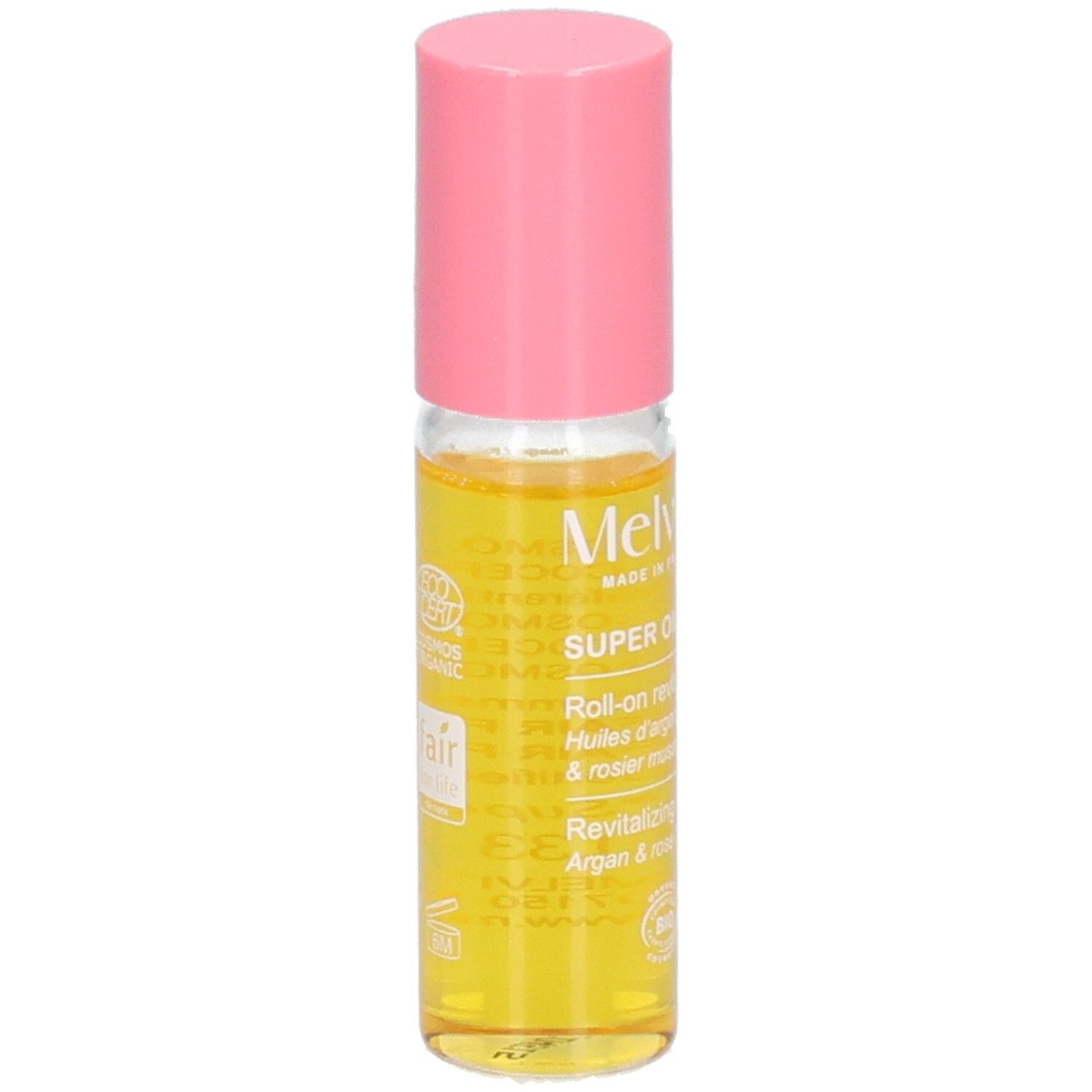 Roll-on Melvita avec bouchon rose. Huile jaune en flacon de verre. Labels COSMOS ORGANIC et Fair for Life.