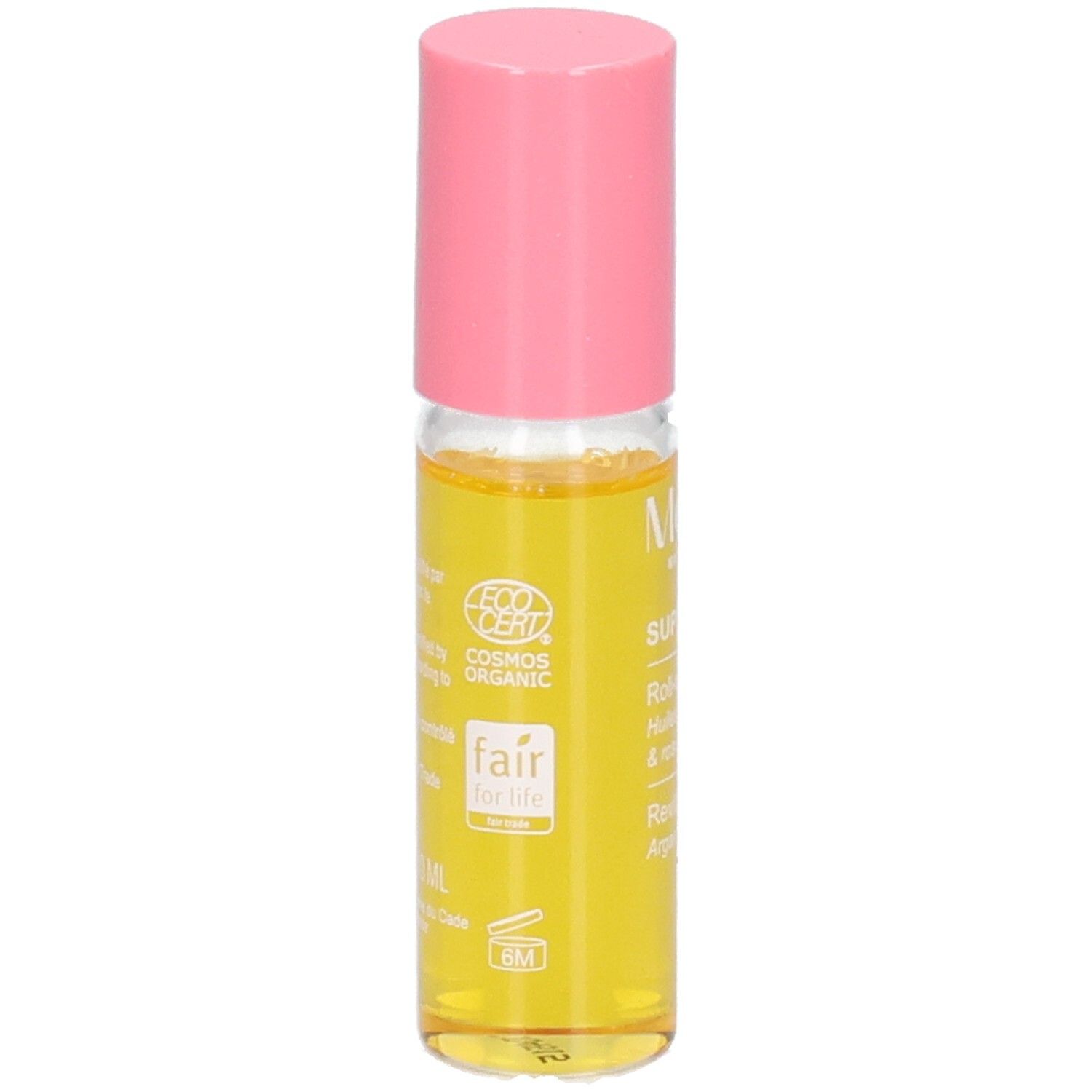 Roll-on Melvita avec bouchon rose. Huile jaune en flacon de verre. Labels COSMOS ORGANIC et Fair for Life.