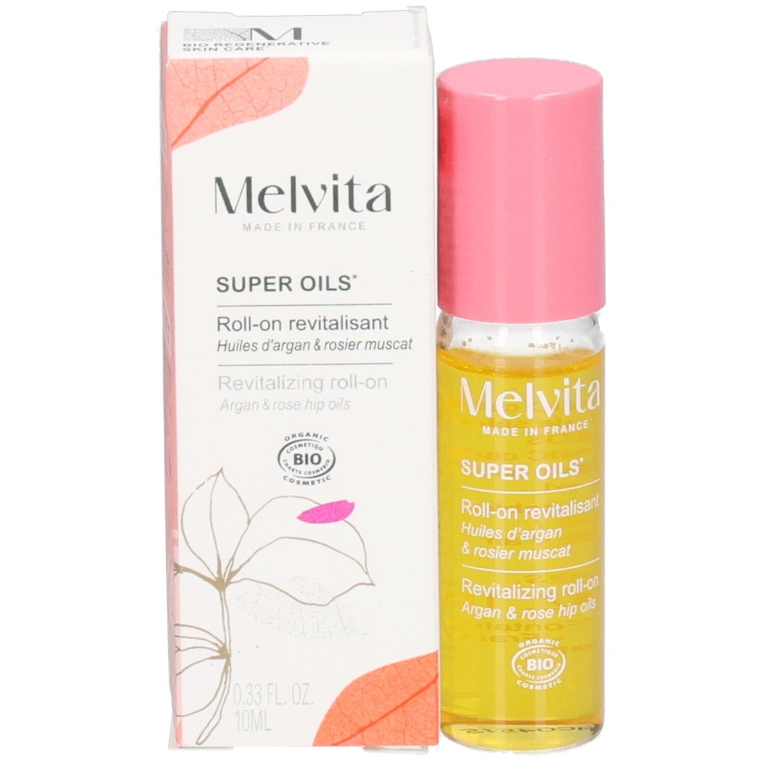 Roll-on Melvita et son emballage. Huile jaune en flacon de verre avec bouchon rose. Label BIO sur les deux.