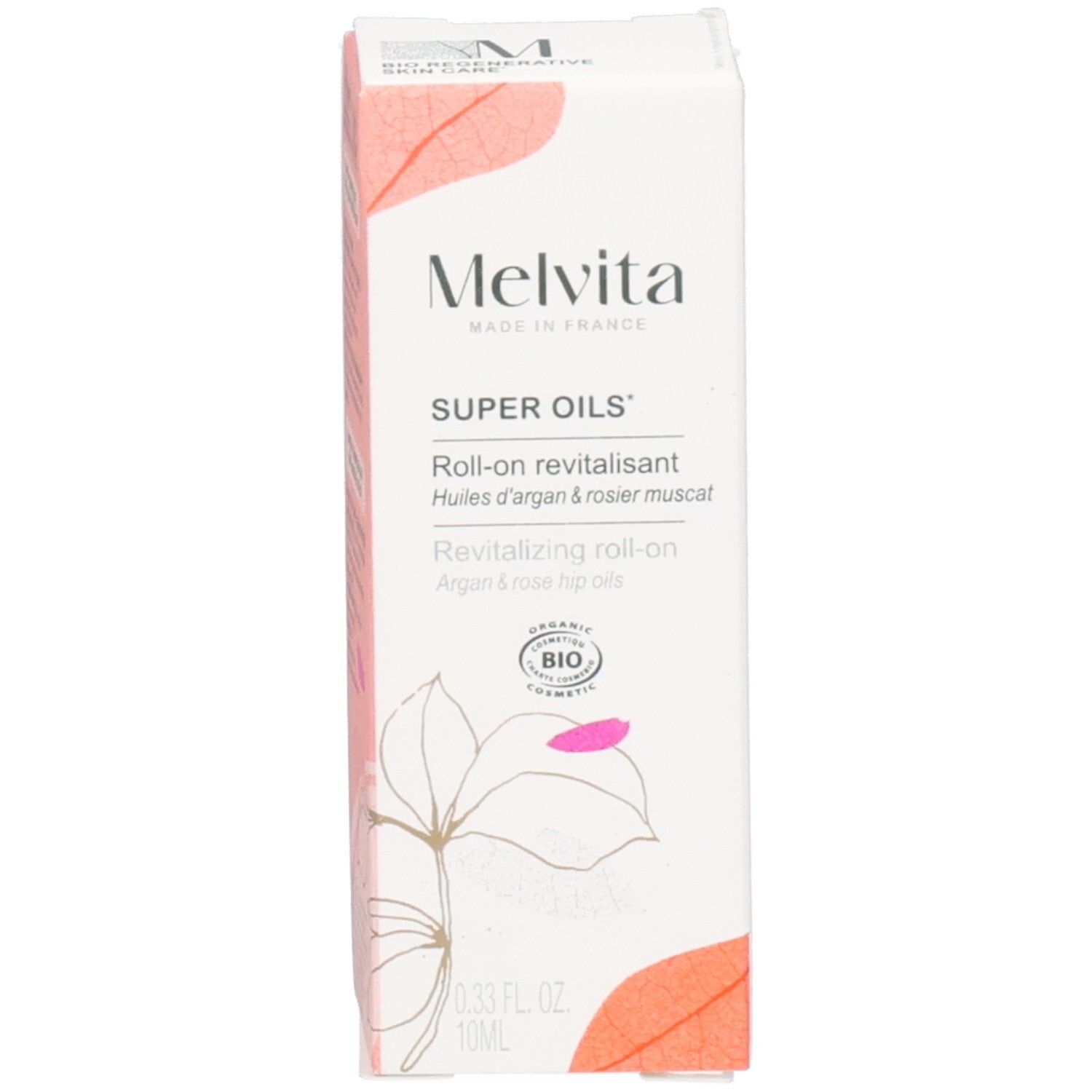 Emballage Melvita au design floral. Indique 'SUPER OILS' et 'Roll-on revitalisant'.