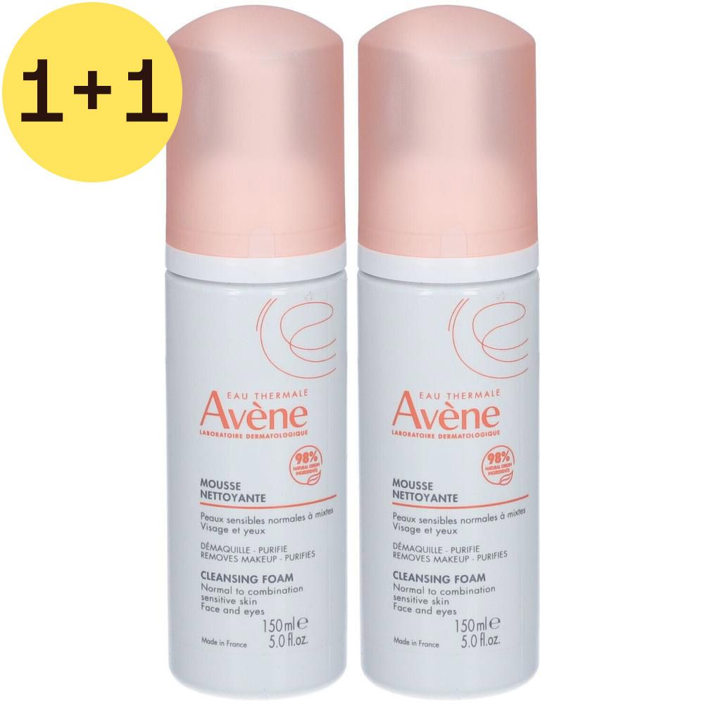 Deux flacons de mousse nettoyante avec bouchons roses. Inscription: Avene, Mousse Nettoyante, 150ml. Symbole 1+1 jaune.