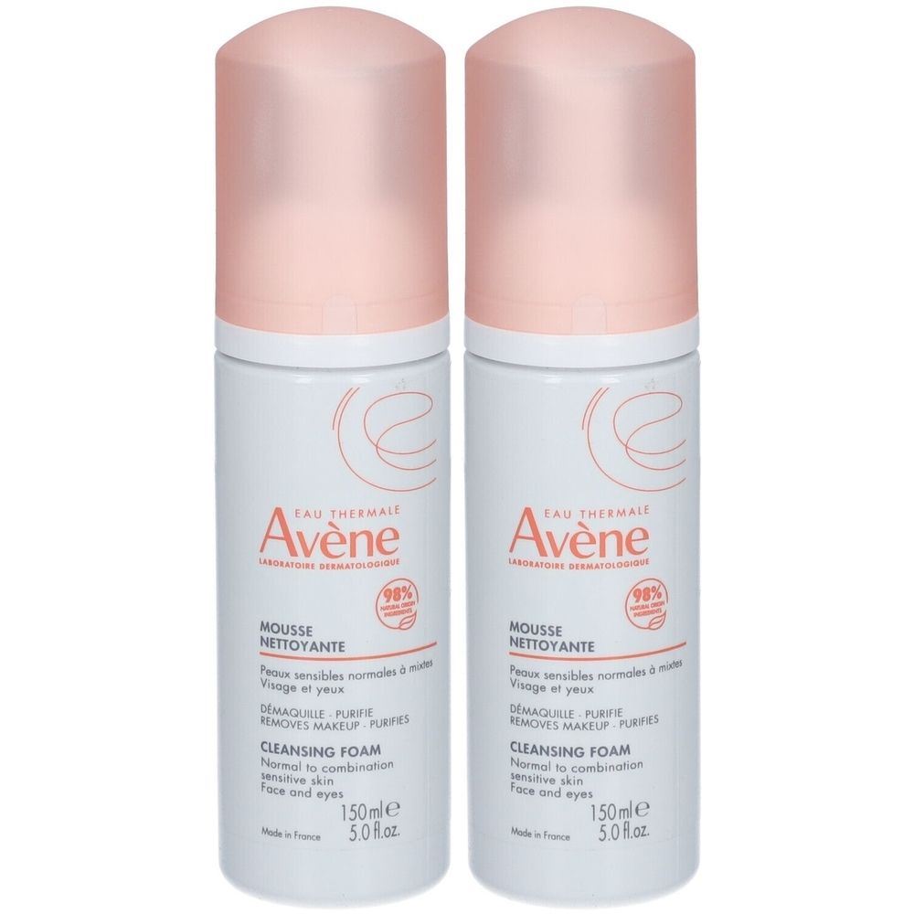 Deux flacons de mousse nettoyante avec bouchons roses. Inscription: Avene, Mousse Nettoyante, 150ml.