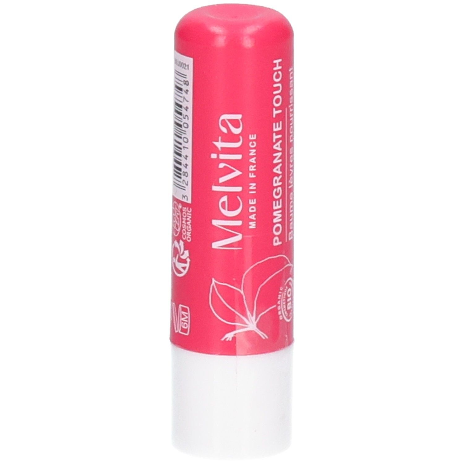 Melvita lippenbalsem granaatappel, roze stick met witte dop. Biologisch keurmerk zichtbaar.