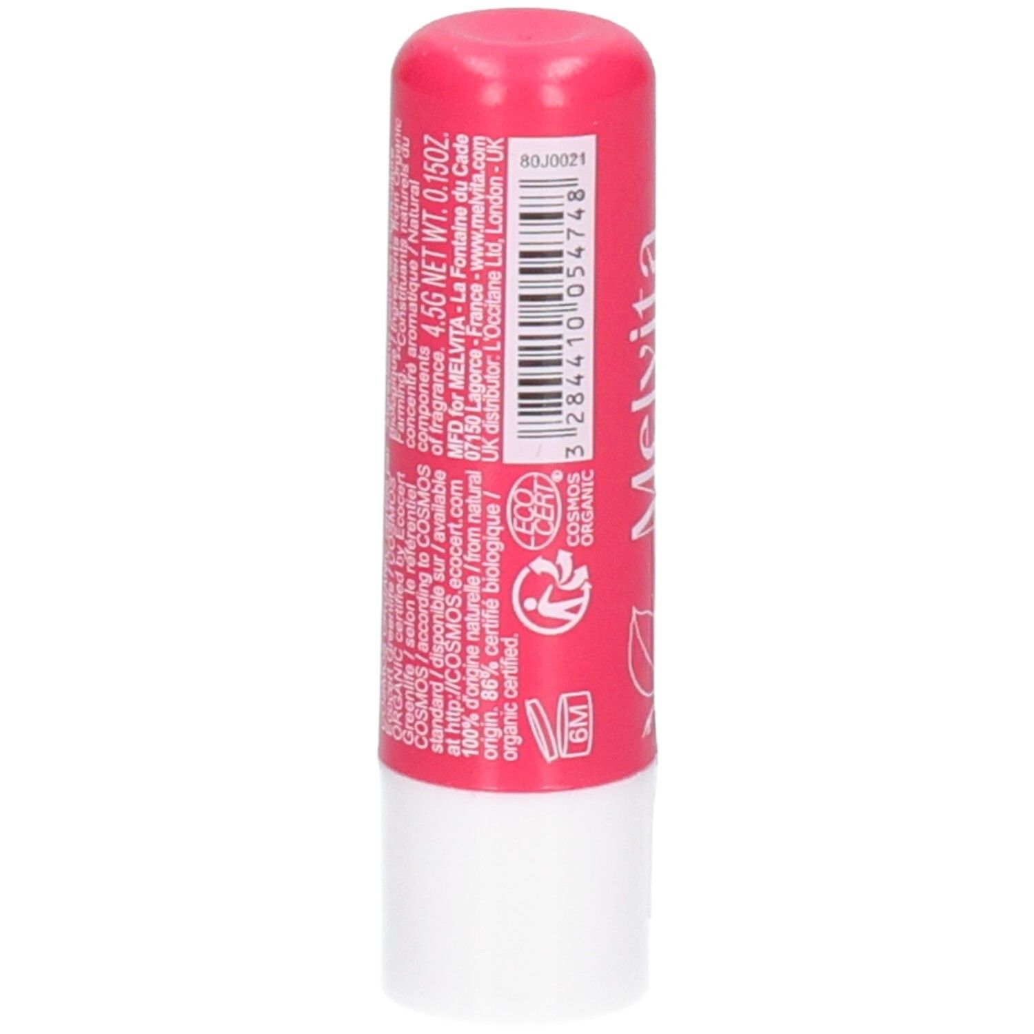 Achterkant Melvita lippenbalsem granaatappel. Bevat ingrediënten en bio-certificering.