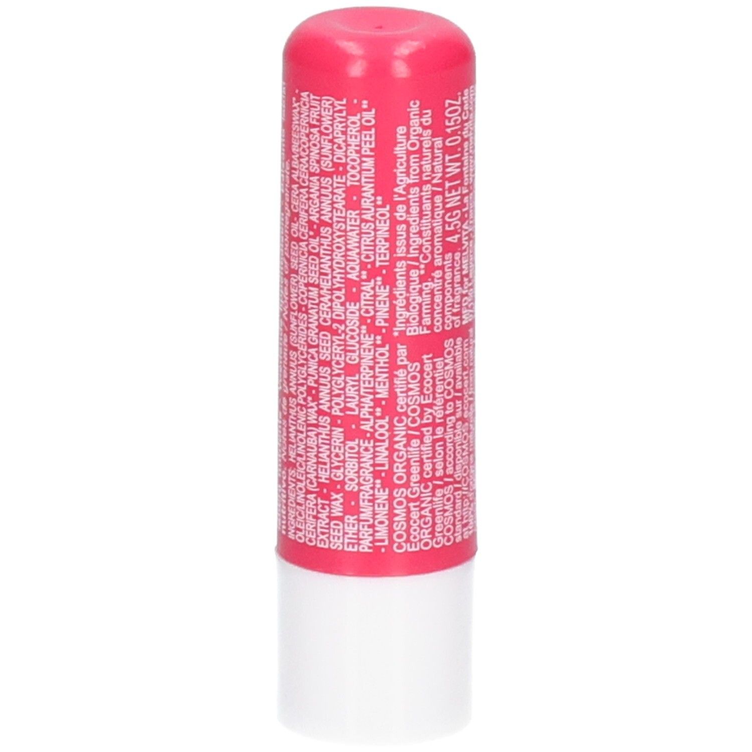 Melvita lippenbalsem granaatappel, zijaanzicht met gedetailleerde ingrediëntenlijst.