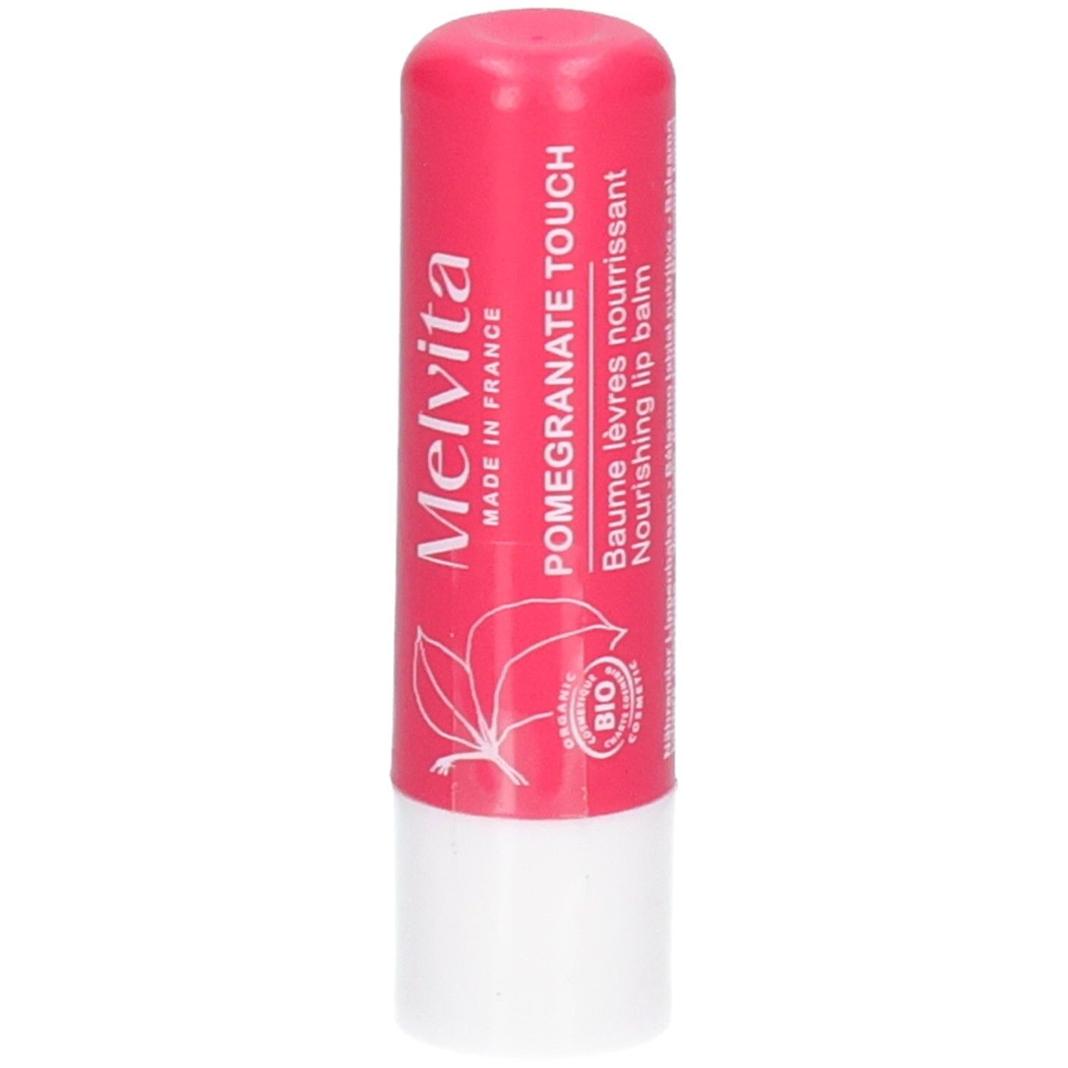 Melvita lippenbalsem granaatappel, roze stick met witte dop. Productnaam en bio-keurmerk.