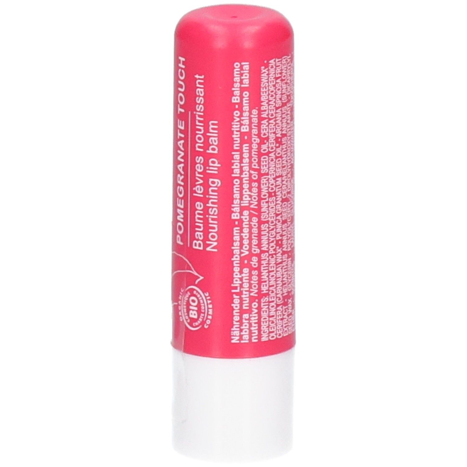 Melvita lippenbalsem granaatappel, voorkant met productnaam en ingrediënten.