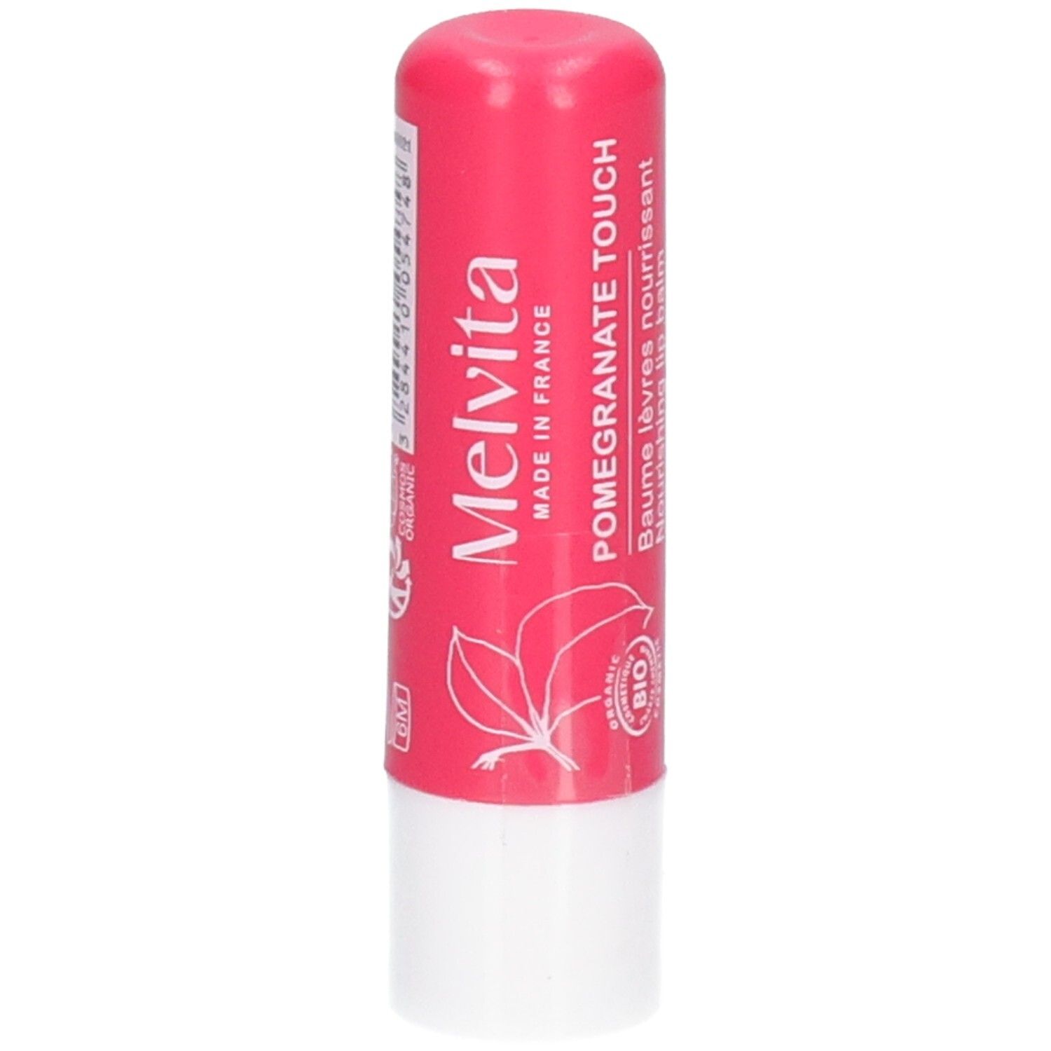 Melvita lippenbalsem granaatappel, roze stick met witte dop. Biologisch keurmerk en bladmotief.