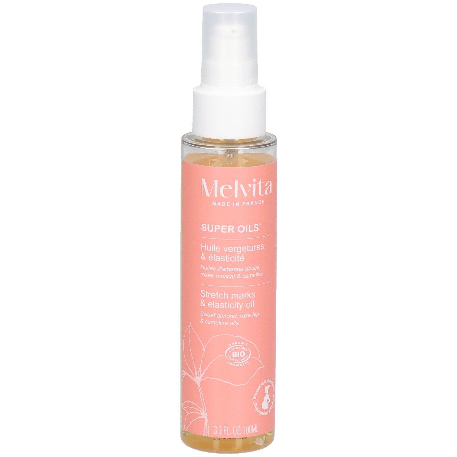 Huile Vergetures et Élasticité Melvita dans un flacon pompe. Étiquette rose avec sceau Bio.