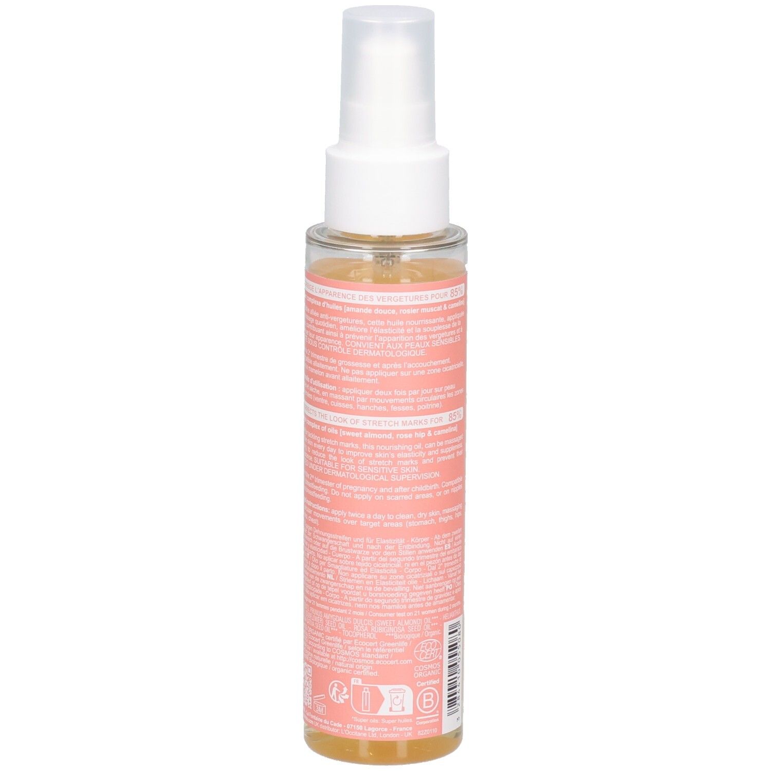 Vue latérale du flacon pompe Huile Vergetures et Élasticité Melvita avec étiquette et sceau Bio.
