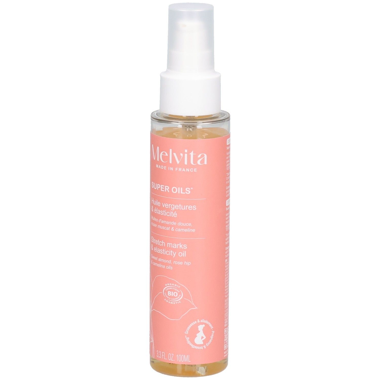 Huile Vergetures et Élasticité Melvita dans un flacon pompe. Étiquette rose avec sceau Bio.