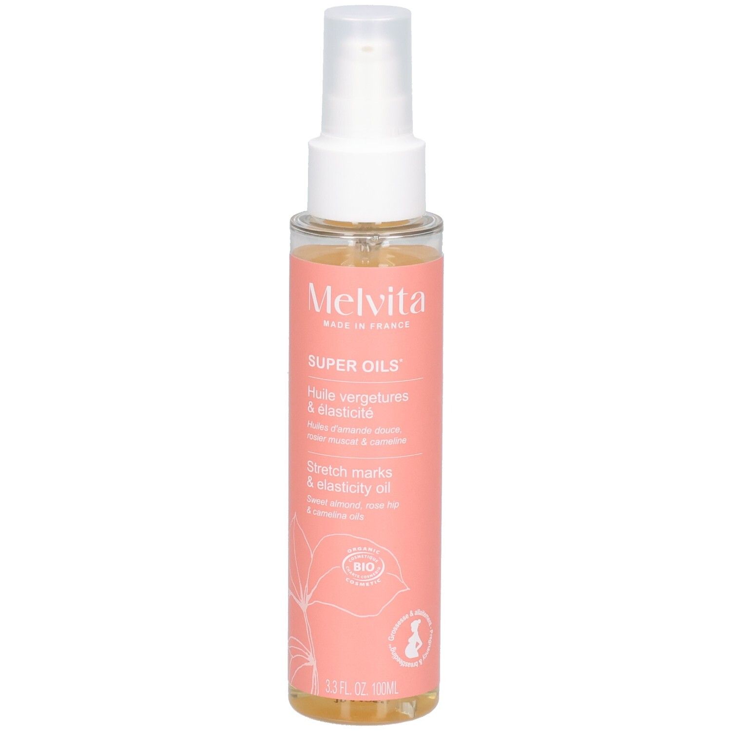 Huile Vergetures et Élasticité Melvita dans un flacon pompe. Étiquette rose avec sceau Bio.