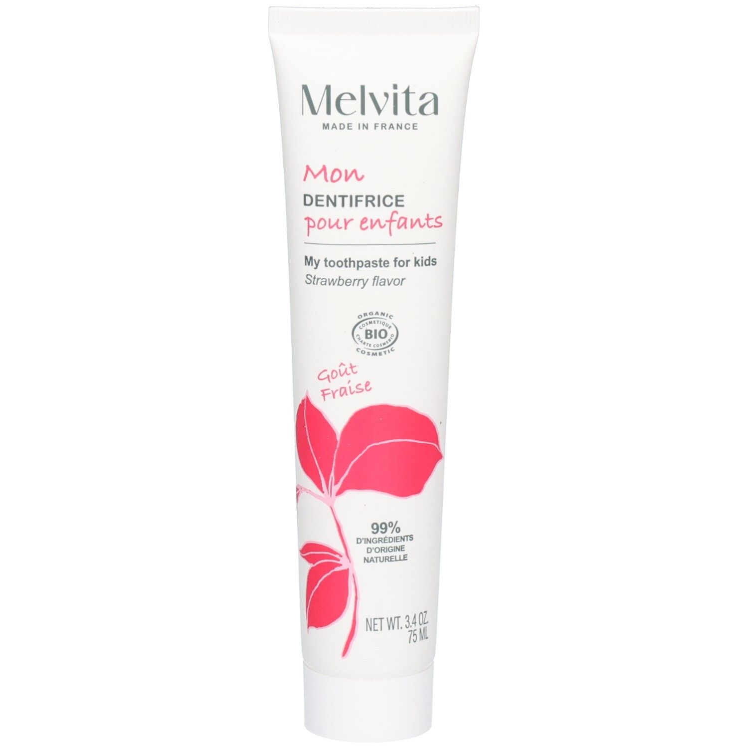 Melvita kinder tandpasta, 75ml, aardbeiensmaak, tube met BIO-keurmerk en bladerenmotief.