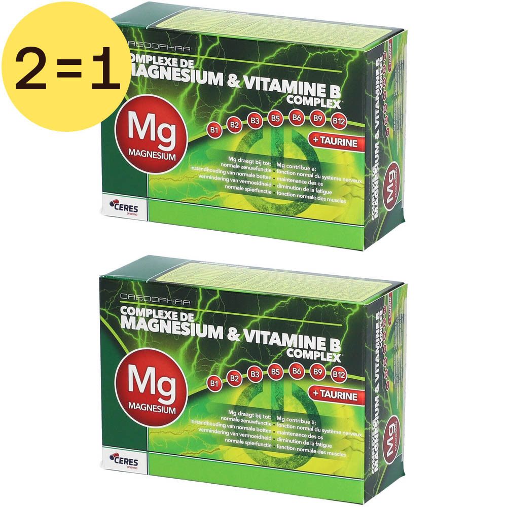 Deux boîtes vertes "Complexe de Magnésium & Vitamine B". Cercle rouge Mg. Cercle jaune "2=1".