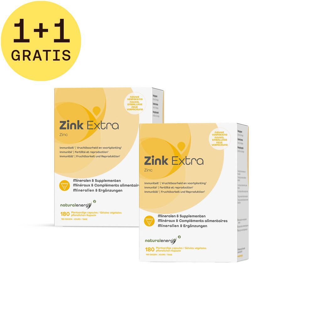 Twee verpakkingen 'Zink Extra' in witte verpakking. Gele accenten en belettering. 'Mineralen & Supplementen'.