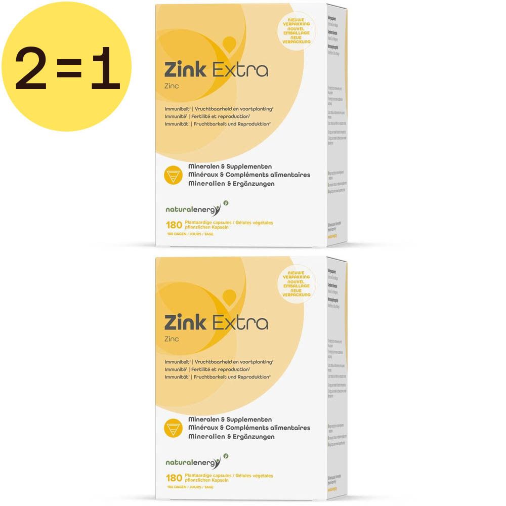 Deux boîtes de 'Zink Extra' en emballage blanc. Accents jaunes et lettrage. 'Minéraux & Compléments alimentaires'.