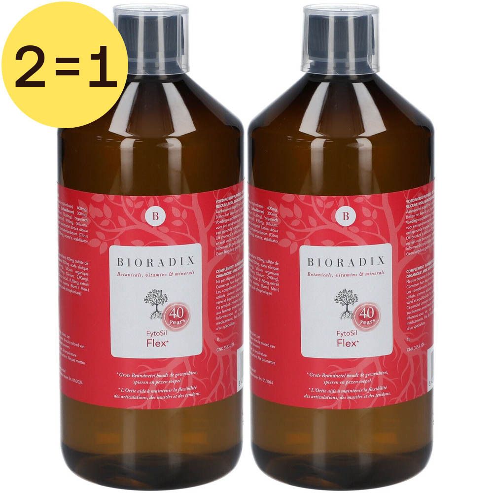 Twee flessen met rood etiket. Opschrift: Bioradix Fytosil Flex. Geel etiket: 2=1.