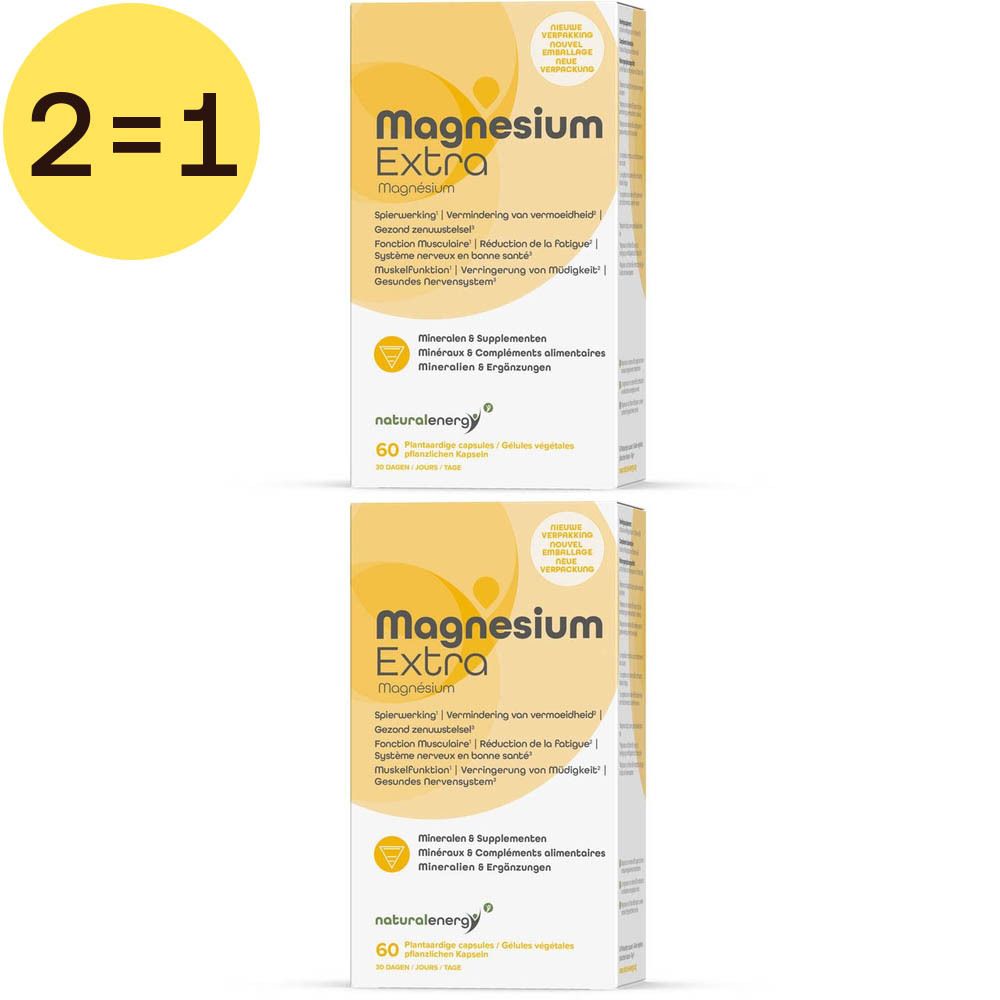 Deux boîtes de Magnesium Extra. Emballage jaune et blanc avec nom et texte du produit. Autocollant 2=1.